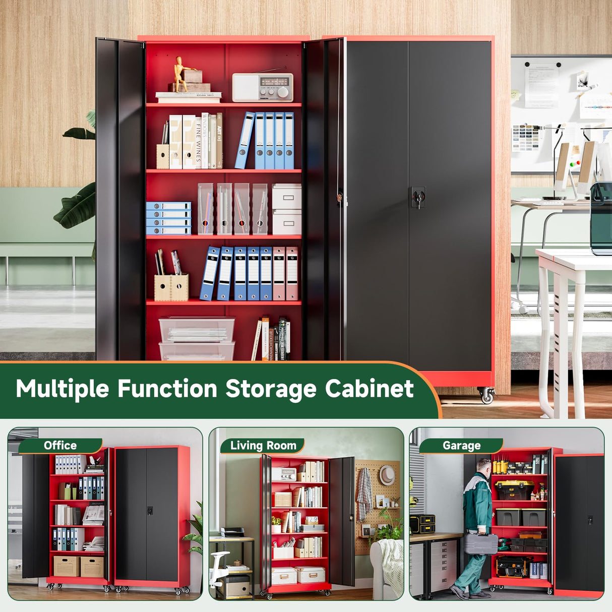 Letaya Metal Garage Storage Cabinets with Lock Door and Adjustable Shelves, Steel Tool Cabinets for Home,Office,Warehouse Organisieren (Black Red, 75" H) Letaya