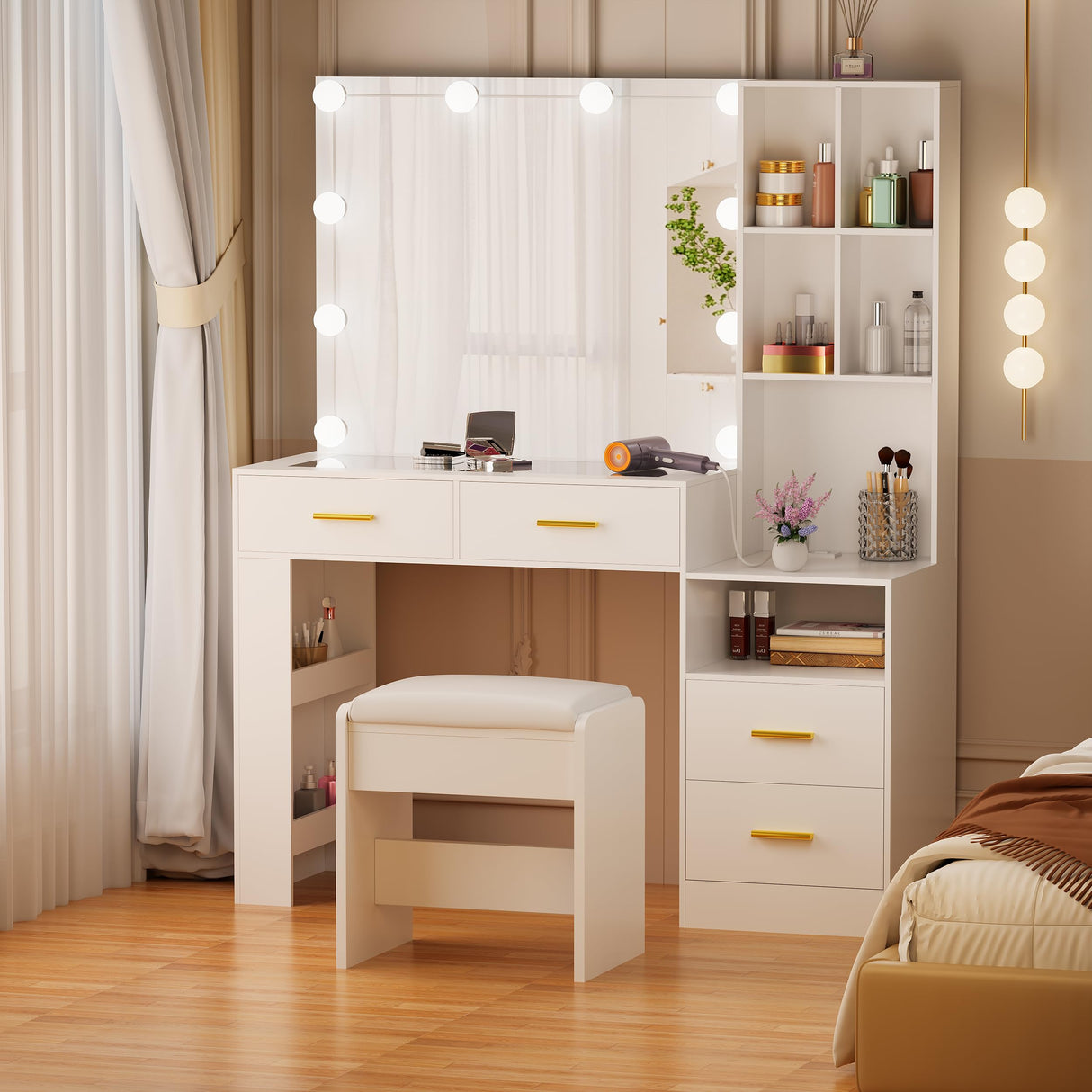 BEWISHOME White Vanity Desk with Mirror and Lights,Vanity with Glass Top,Makeup Vanity Set Makeup Desk Dressing Table,Vanity Table with Charging Station,Drawers,Nightstand,Makeup Table Vanity FST28W BEWISHOME