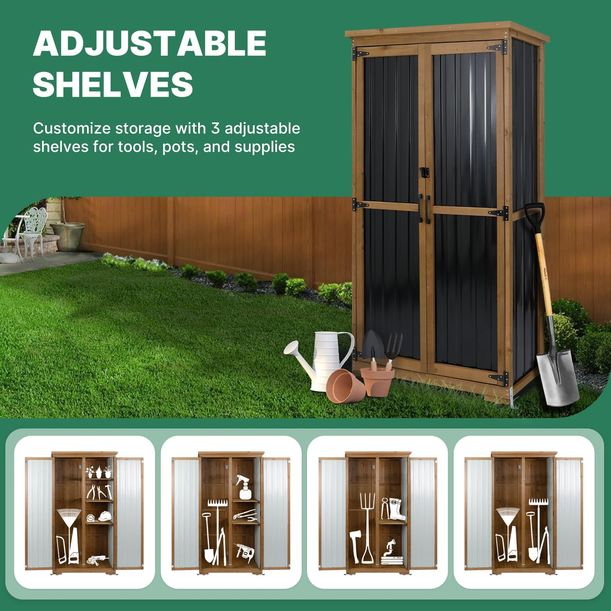 Ketive Outdoor Storage Cabinet Wood & Metal, Tall Tool Shed with Weatherproof, Double Lockable Doors, Removable 3 Shelves, Adjustable Feet for Patio, Garden, Backyard, Lawn, 32" x 15.5" x 66" (Brown) ketive