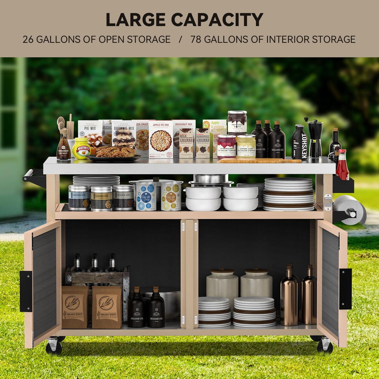 Skyflame Outdoor BBQ Storage Cabinet with Wheels, XL Stainless Steel Tabletop Grill Cart for Food Prep, Portable Kitchen Island Grilling Accessory for Patio, Backyard, Home Party, Bar Skyflame