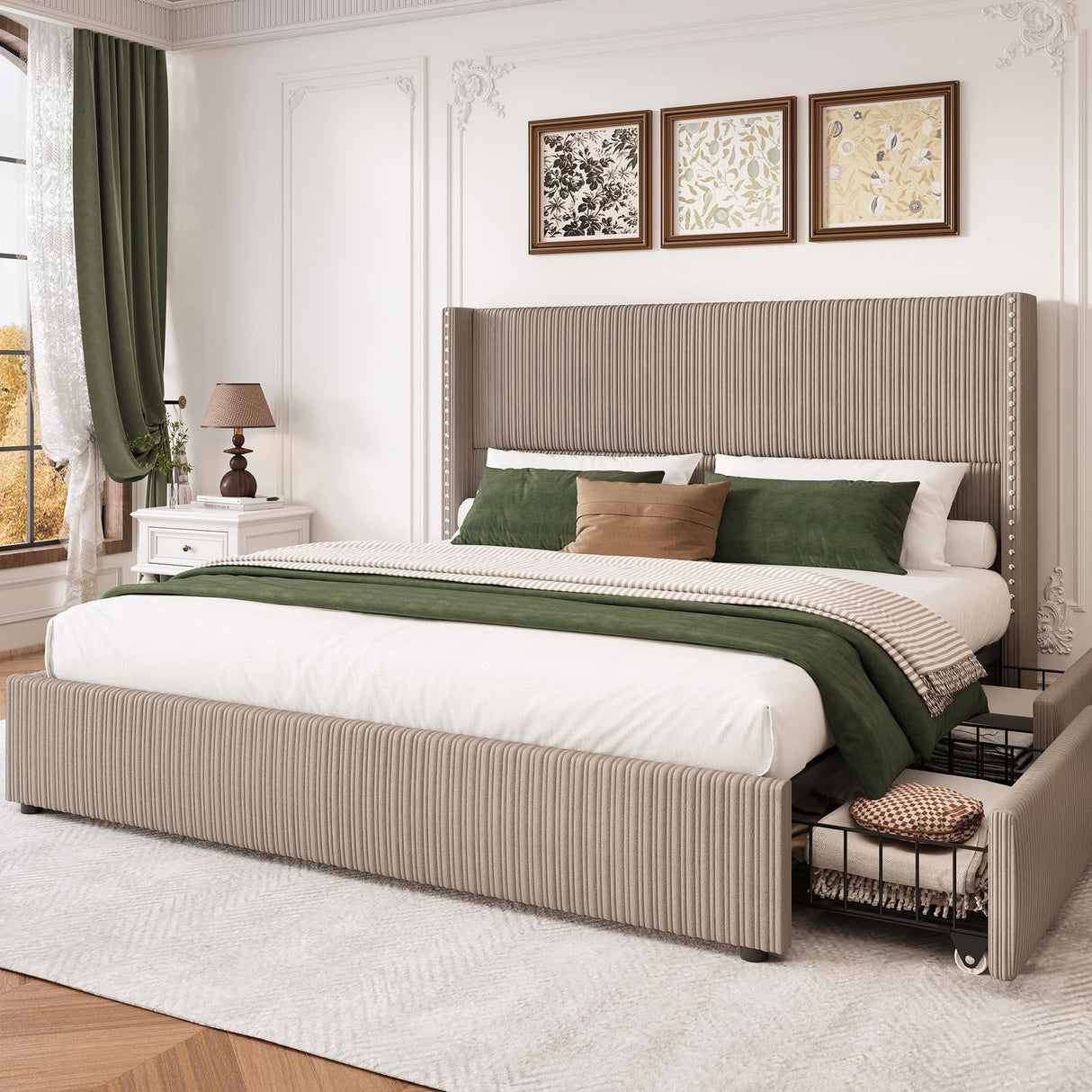 LARMACE King Size Bed Frame with 4 Storage Drawers,Corduroy Upholstered King Size Platform Bed Frame with Tufted Vertical Stripe,Solid Wood Leg/No Box Spring Needed/Noise Free,Brown LARMACE