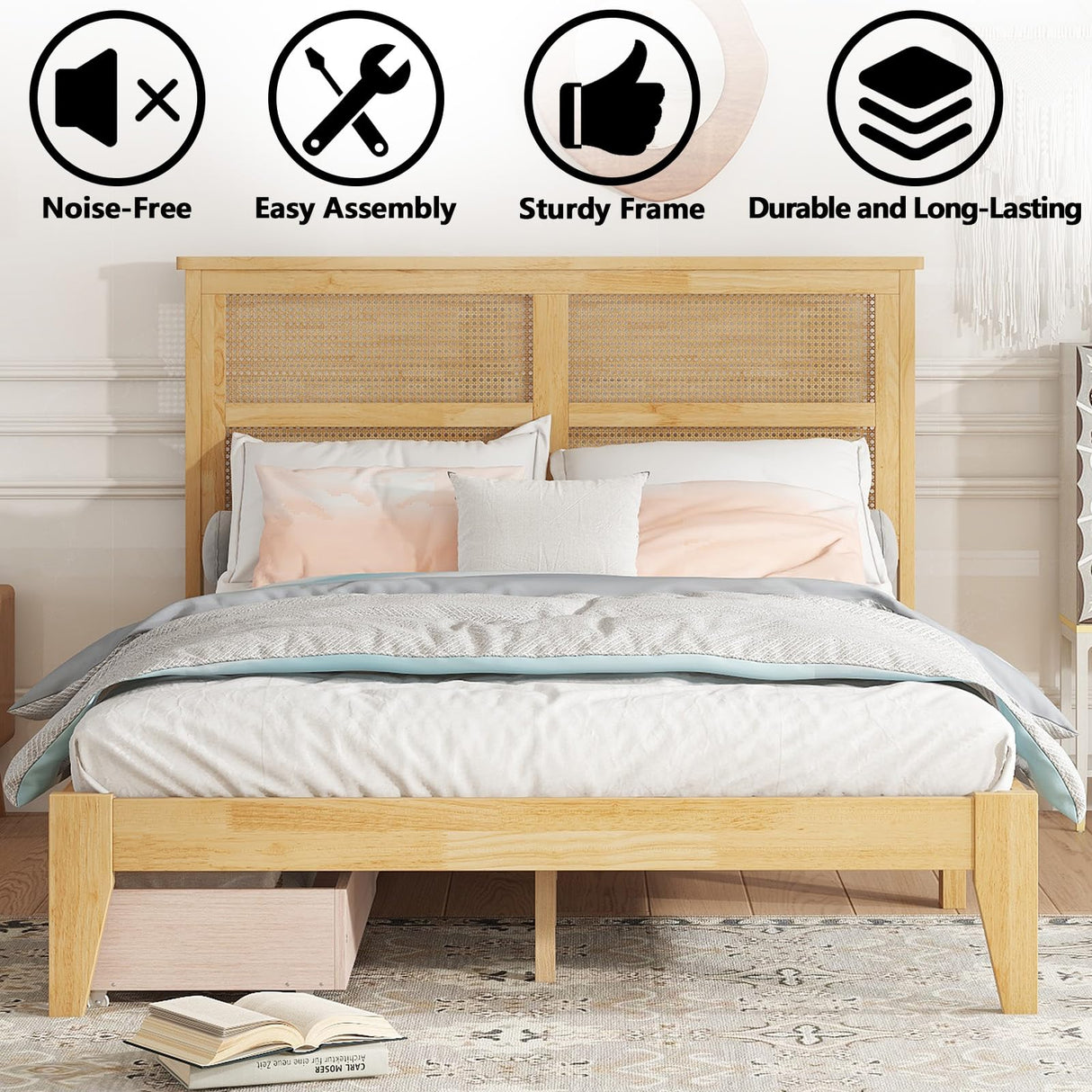 HRVEOCEI Boho Bed Frame Full with Rattan Headboard, Rattan Bed Frame & Full Beds Frames with Wood Legs, Solid Wood Beds Frames with Storage Underneath,Easy Assembly (White Oak, Full) HRVEOCEI