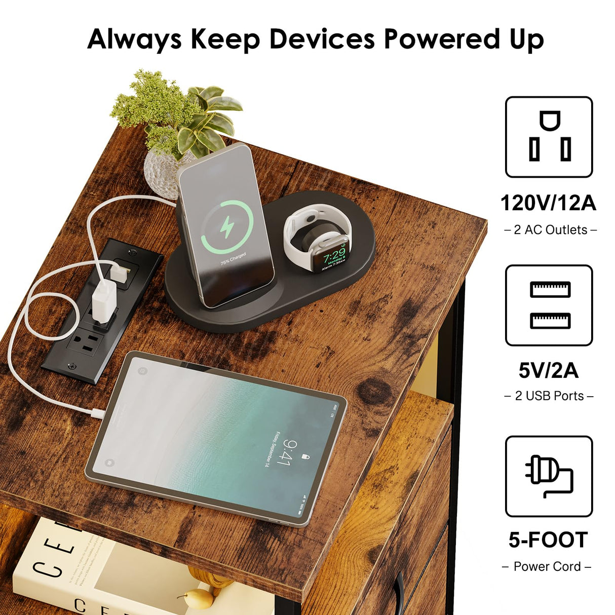 Fixwal Night Stand with Charging Station, LED Nightstand with Fabric Drawers, End Table with PU Finish, Bed Side Table, Rustic Brown Fixwal