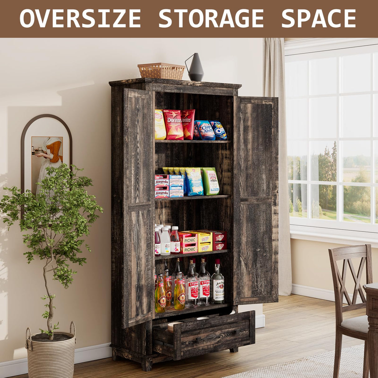LUXOAK Farmhouse Kitchen Pantry Cabinet, 72" Tall Storage Cabinet with Adjustable Shelves & Barn Doors, Freestanding Kitchen Cupboard for Dining Room, Living Room, Dark Rustic Oak LUXOAK