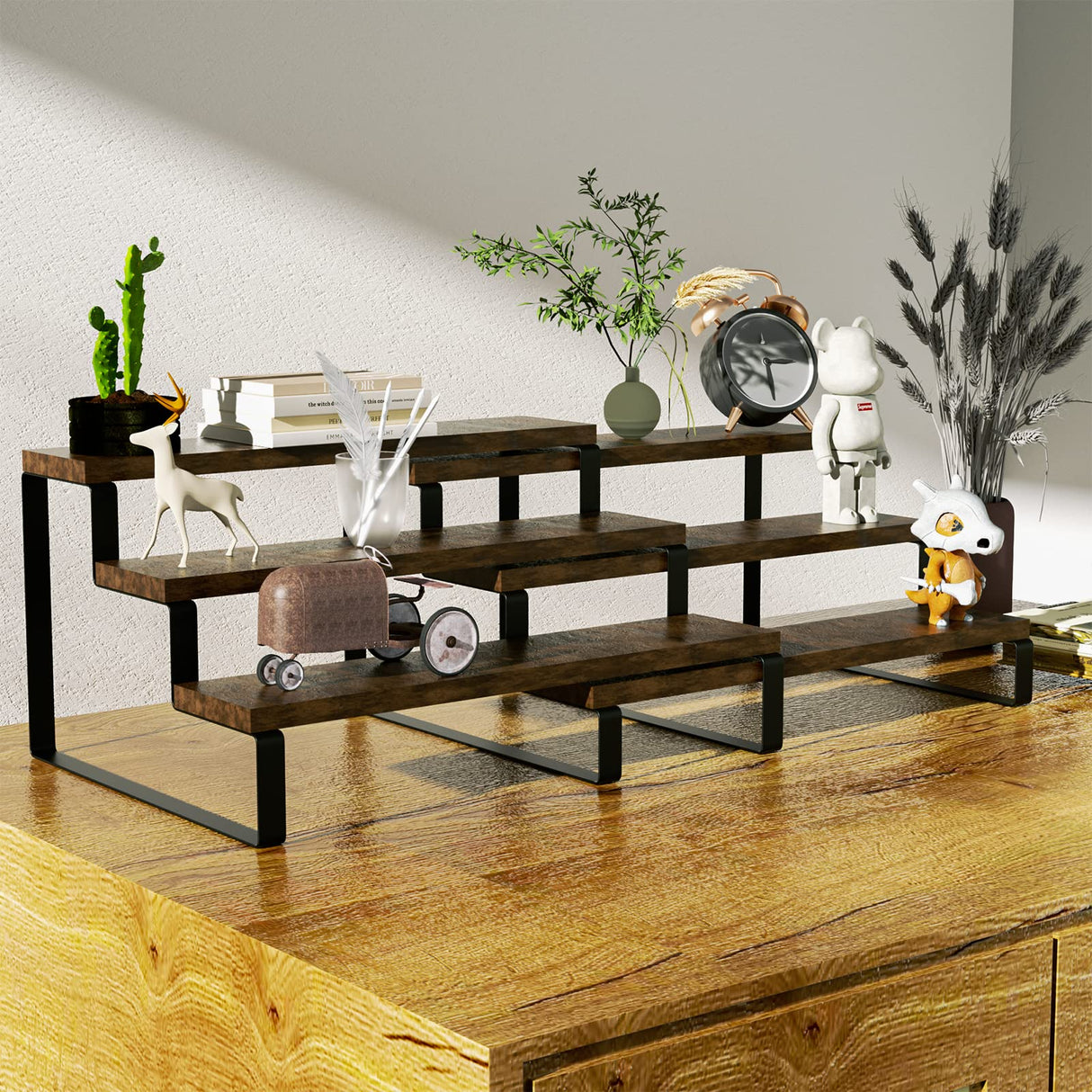 2 Pack 3 Tier Expandable Spice Rack Organizer (13.8” to 26”)Display Riser Stand, Kitchen Cabinet Countertop Pantry Coffee Bar Display Shelf for Spice, Liquor, Perfume, Makeup, Figure, Dolls Collection VOKEEH