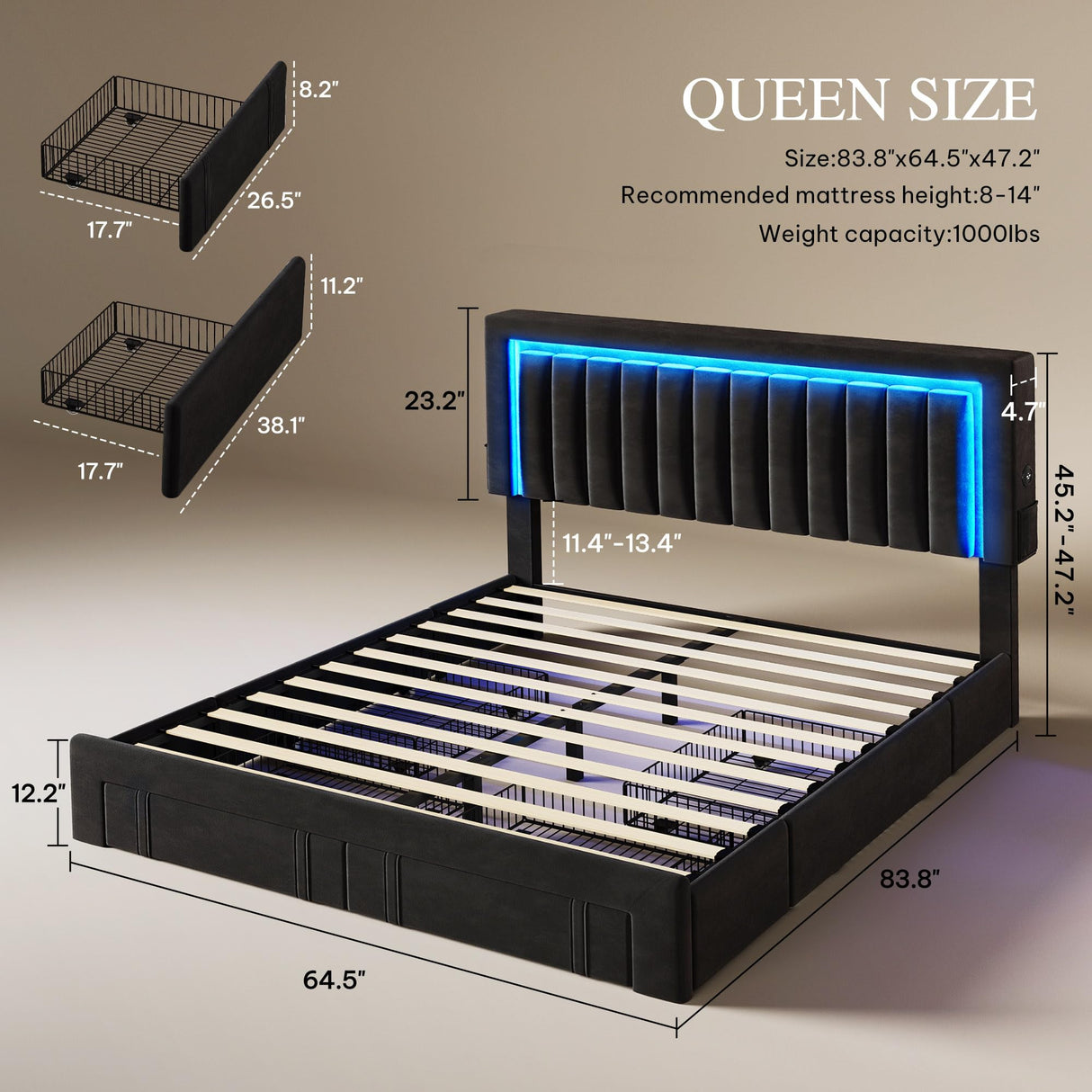 YITAHOME Queen Size Bed Frame with Adjustable Headboard, 4 Storage Drawers and RGB LED Lights, Velvet Upholstered Platform Bed with USB Ports, No Box Spring Needed, Fast Assembly, Noise-Free, Black YITAHOME
