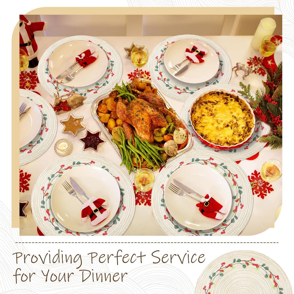 Buryeah 12 Set Christmas Round Placemats Washable 15 Inch Woven Placemats Embroidered Applique Place Mats Christmas Decorations for Winter Holiday Kitchen Dining Table (Berry) Buryeah