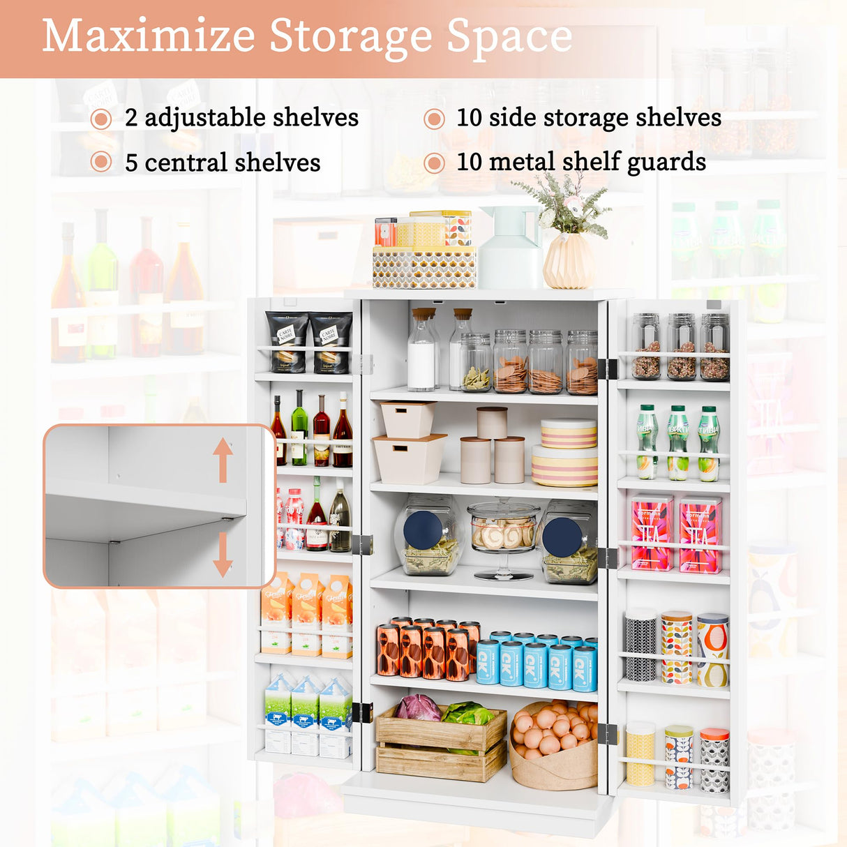 Meilocar 47in Kitchen Pantry Cabinet, Wood Kitchen Storage Pantry Cabinets Freestanding Pantry Cabinet with Doors & Adjustable Shelves, Pantry Cabinet for Kitchen, Living Room, White Meilocar