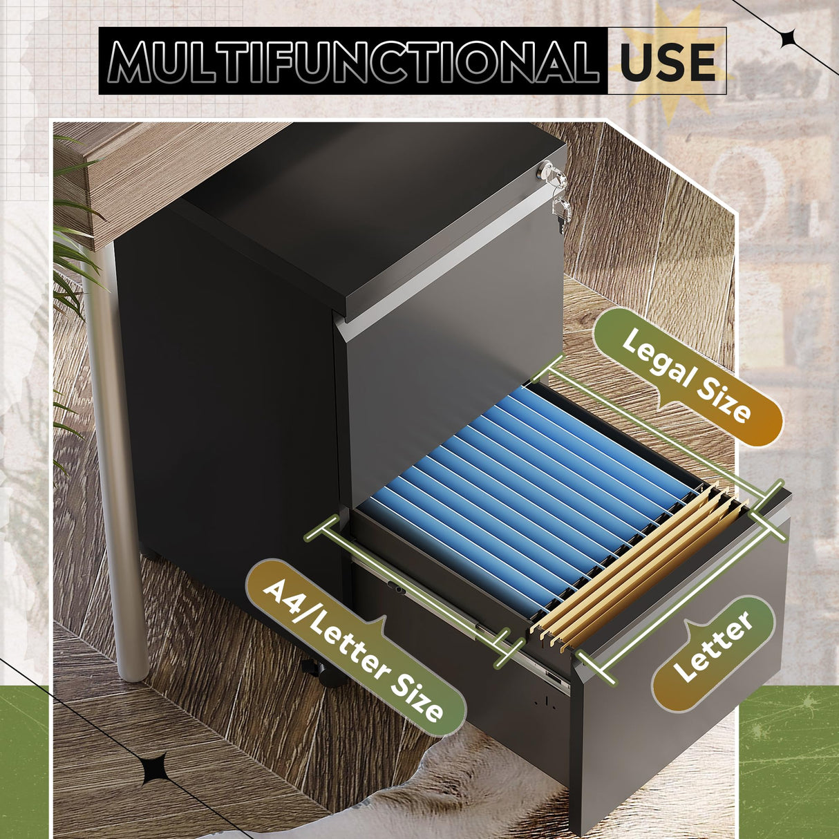 DEVAISE 2-Drawer Mobile File Cabinet with Lock, Vertical Filing Cabinet, Black DEVAISE