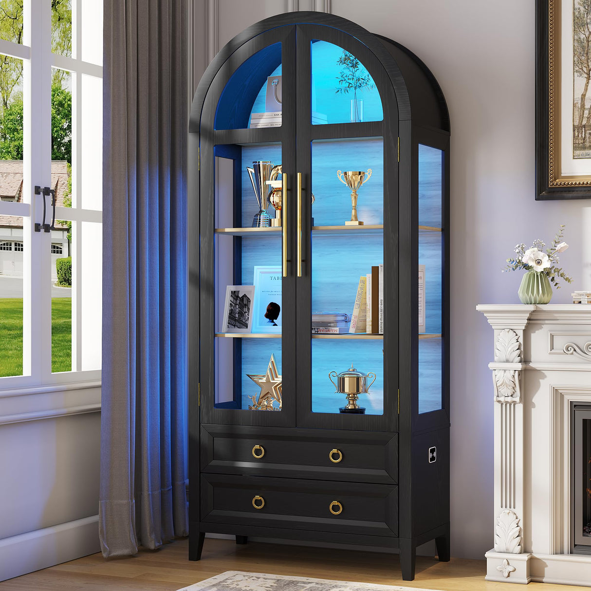 LVSOMT 71" Tall Arched Storage Cabinet with Glass Doors and Drawers, Curio Display Cabinet with Adjustable LED Light & Human Sensor, 4-Tier China Cabinet for Living Room(Black+Wood) LVSOMT