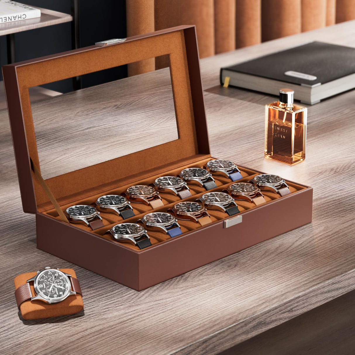 ProCase Watch Box Organizer for Men, 12 Slot Watch Display Case With Glass Lid, PU Leather Watch Storage Mens Watch Case, Watch Holder Organizer for Men Women -12 Slot, Brown ProCase