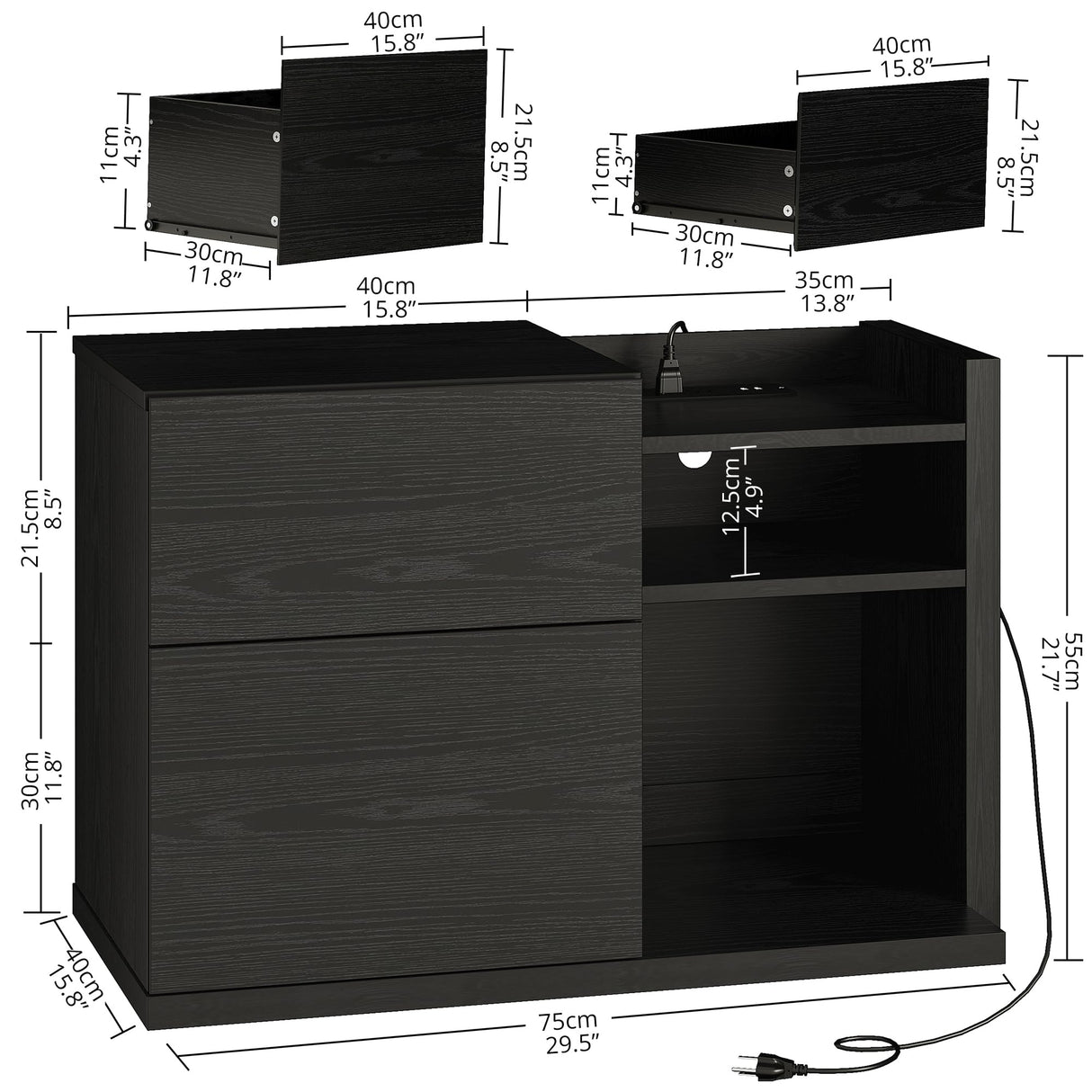 LIKIMIO Black Night Stand with Shelves, Charging Station & LED, 2 Drawer Wooden Bedside Table Record Player Stand for Bedroom, Entryway, Large LIKIMIO