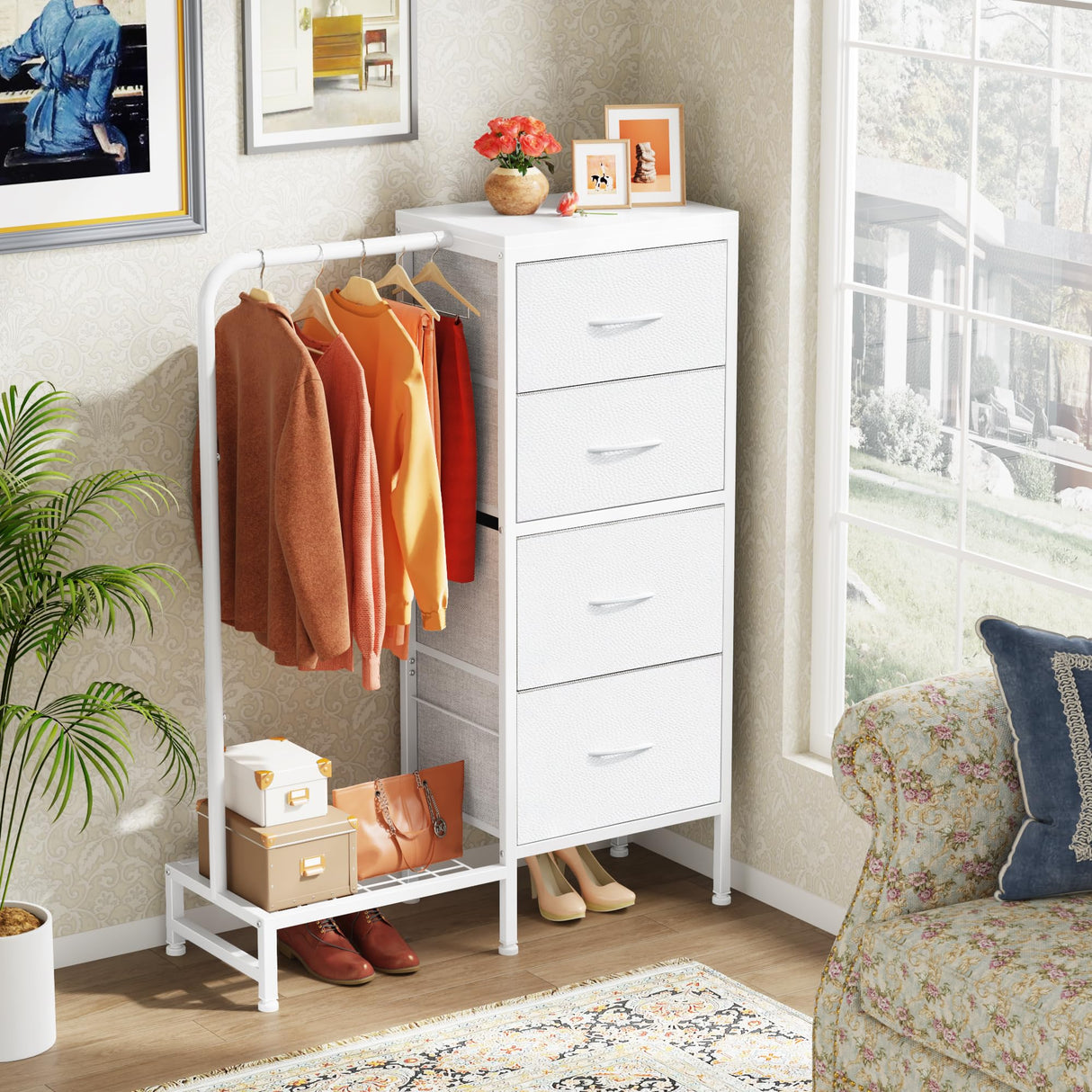 HIGDBFE Dresser with Hanging Rack, 4 Drawers Small Dresser for Bedroom, Reversible Fabric Kids Chest of Drawers for Closet with Clothes Rack, Tall Storage Tower, Sturdy Frame, White, 44''H HIGDBFE