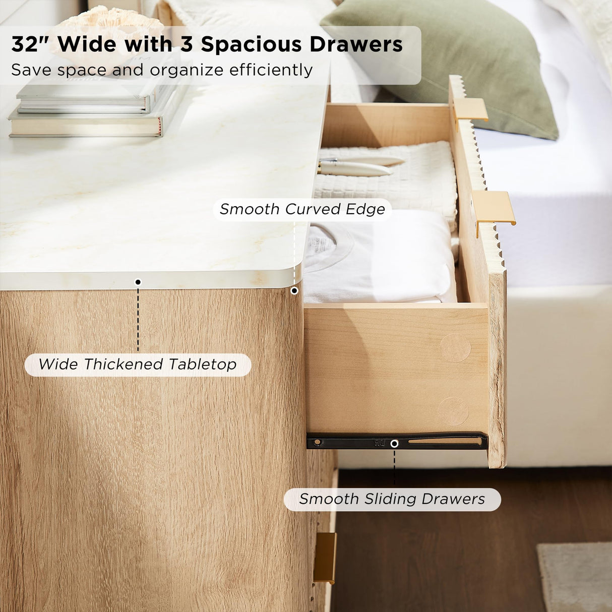 T4TREAM Fluted 3 Drawer Dresser, 32" Tall Modern Chest of Drawers with Faux Marble Top, Curved Profile Design, Wood Drawer Organizer for Bedroom, Living Room, Hallway, Entryway, Natural Oak T4TREAM