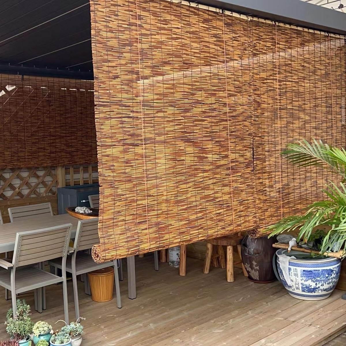 Blackout Bamboo Blinds, Outdoor Bamboo Roll-up Shades,Waterproof Cordless Roller Shades Natural Retro Roll-up Reed Shade with Lifter, for Home Patio Porch(72" W x 72" H) WoodArtSupply