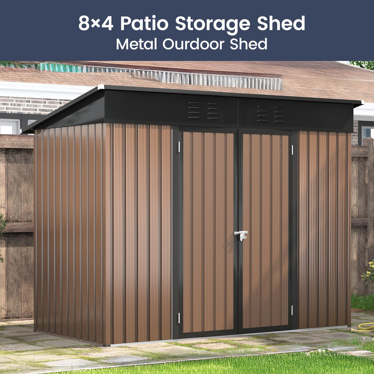 UDPATIO Outdoor Storage Shed 8x4 FT, Outside Sheds & Outdoor Storage Metal Galvanized Steel Yard, Patio, Lawn, Tool Shed with Lockable Door for Can, Bike, Lawnmower, Generator,Brown UDPATIO