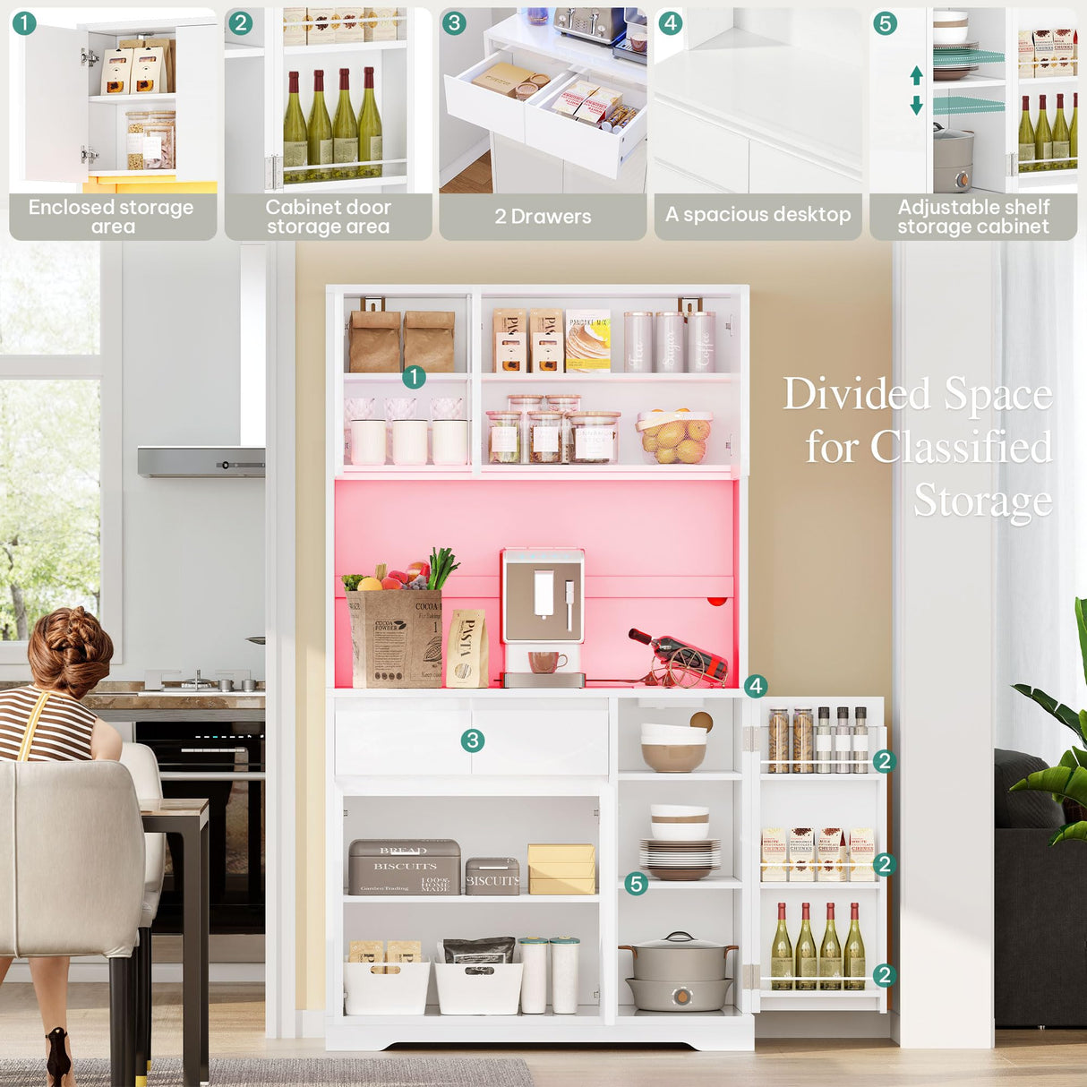 DWVO 71''Tall Kitchen Pantry Storage Cabinet, Modern Buffet Cabinet with Hutch, Kitchen Hutch Cabinet with Outlet, Large Food Pantry Cabinet with Doors and Shelves, Wine Rack for Dining Room, White DWVO