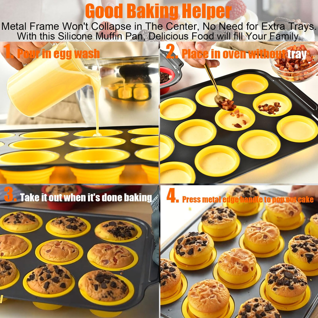Silicone Muffin Pan, 12 Cups Muffin Pans with Metal Frame Nonstick Press to Easily Pop Out for Baking Homemade Muffins, Breads, Cupcakes, Egg Bites, BPA-Free Silicone Muffin Tin Cupcake Pan Mold Geweiya
