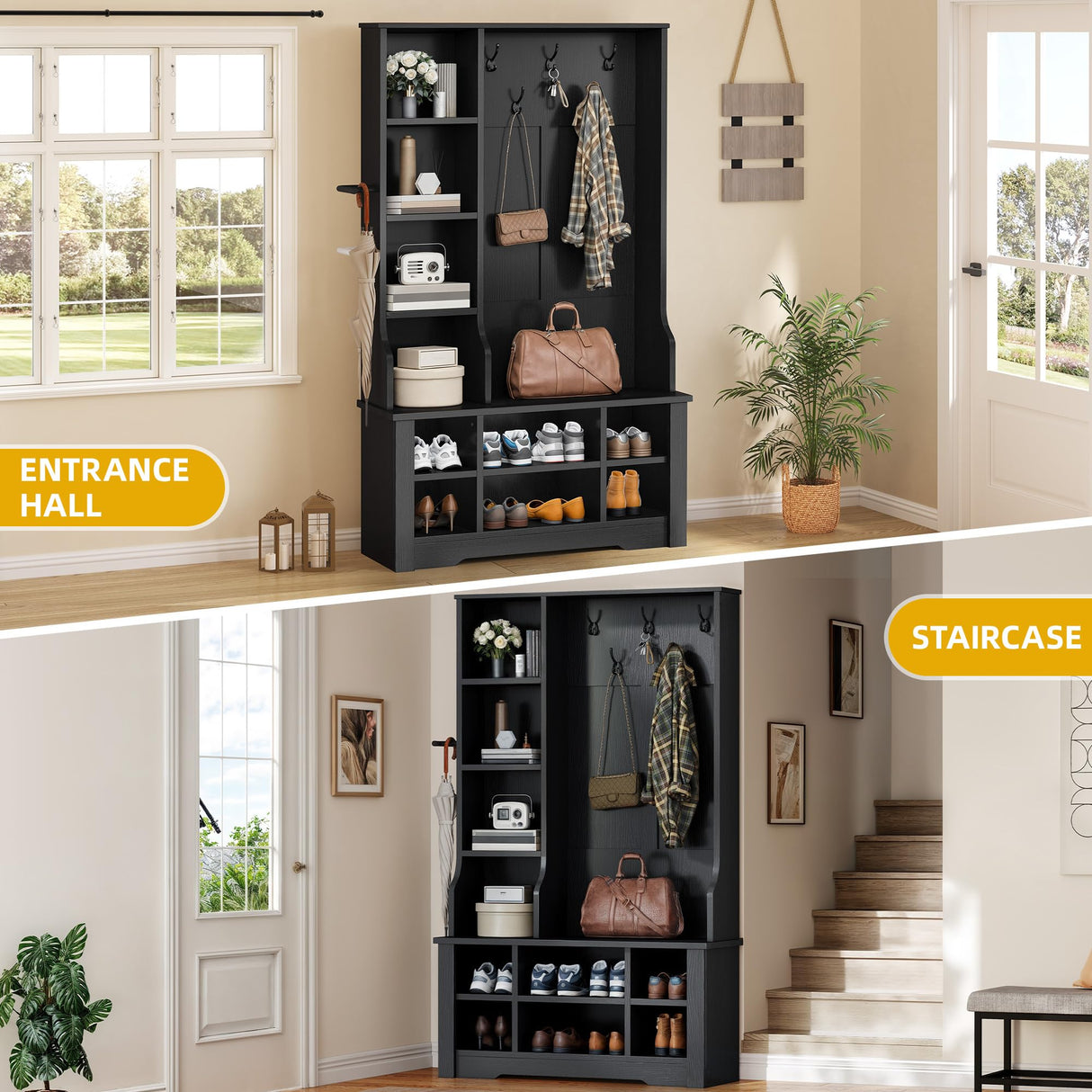 DWVO 39" Hall Tree with Bench and Shoe Storage, 6 Shoe Cubbies & 5 Coat Hooks, 4 Side Storage Cubbies, Entryway Bench with Coat Rack for Entryway Hallway Bedchamber Narrow, Adjustable Shelf (Black) DWVO