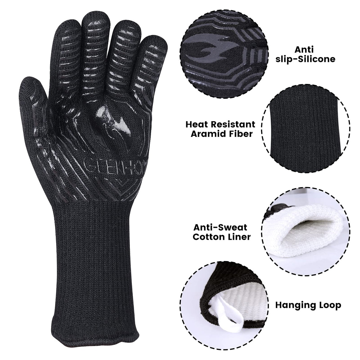 GEEKHOM BBQ Grill Gloves,1472β Heat Resistant Oven Gloves, EN407 Certified 13 Inch Flexible Barbecue Mitts Good Grip for Smoker, Baking, Cooking, Fire Pit, Black GEEKHOM