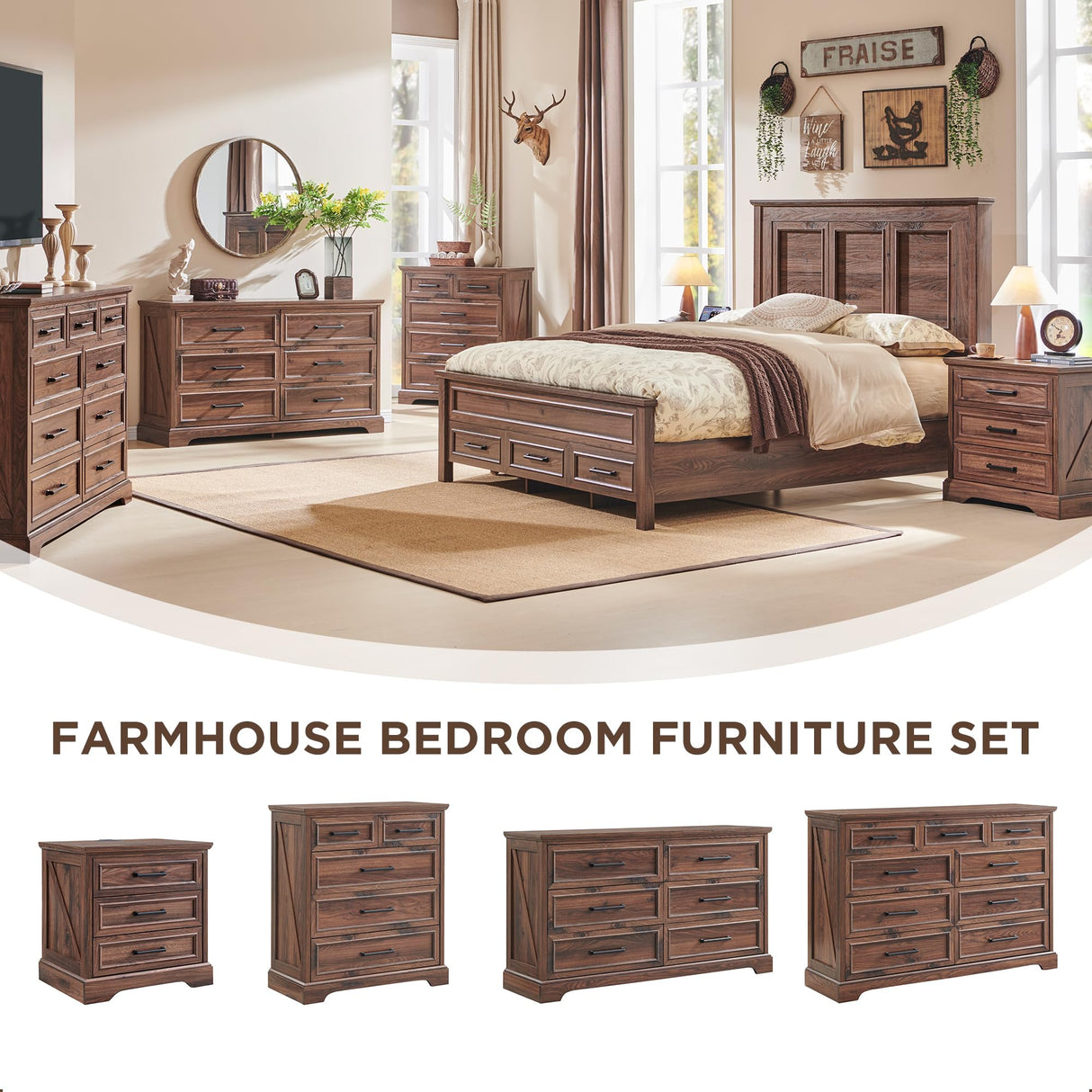 ACCOHOHO Farmhouse 6 Drawer Dresser for Bedroom, 52 Inch Wide Modern Dresser TV Stand with Large Drawers & Bar Handles, Rustic Wood Dresser Chest of Drawers for Bedroom, Living Room, Hallway, Brown ACCOHOHO
