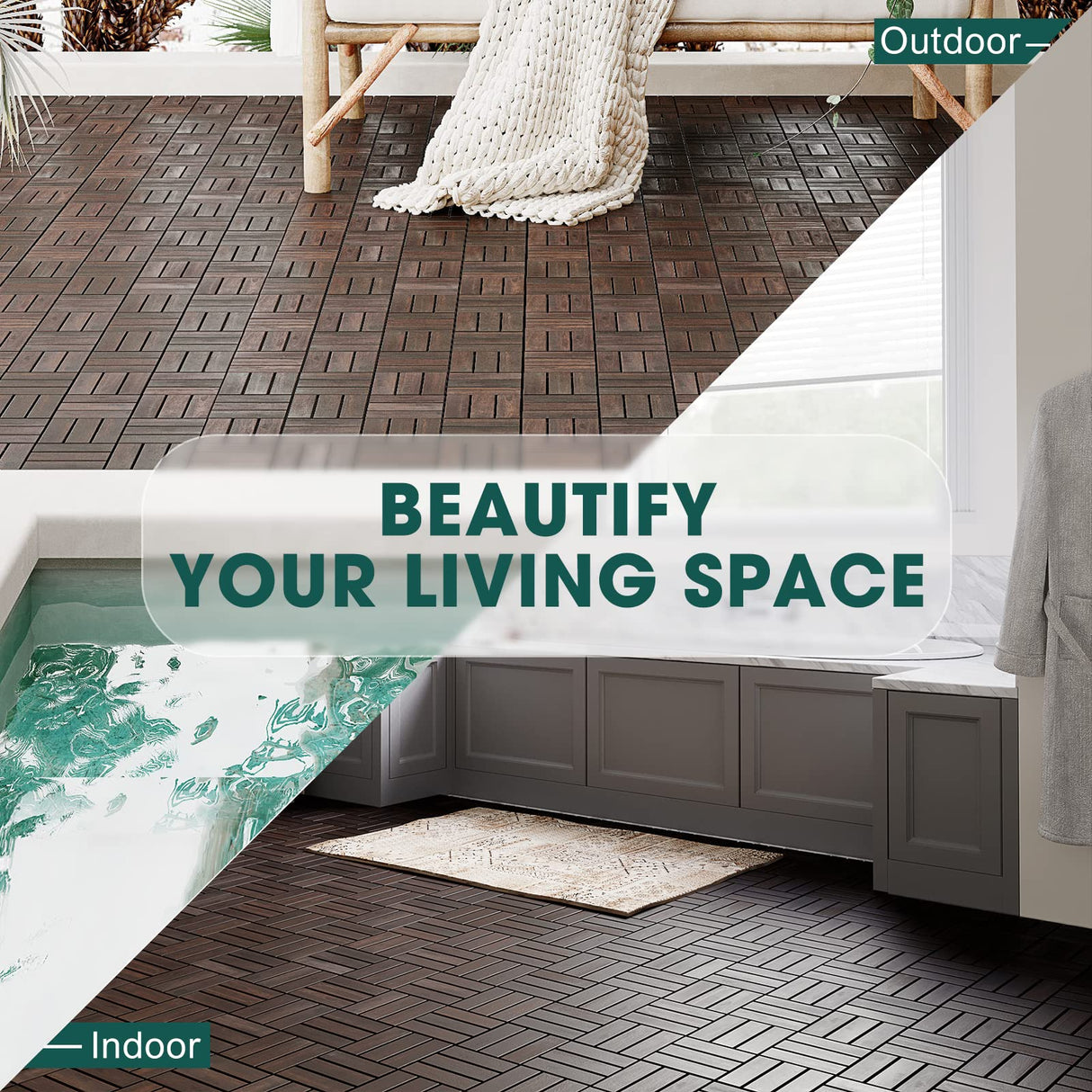 Idzo Interlocking Deck Tiles - 10PCS Waterproof Acacia Wood Patio Tiles, Flooring Tiles for Both Indoor and Outdoor - Decking Checker Pattern, 12 x 12 x 0.9 Inches, Dark Brown IDZO