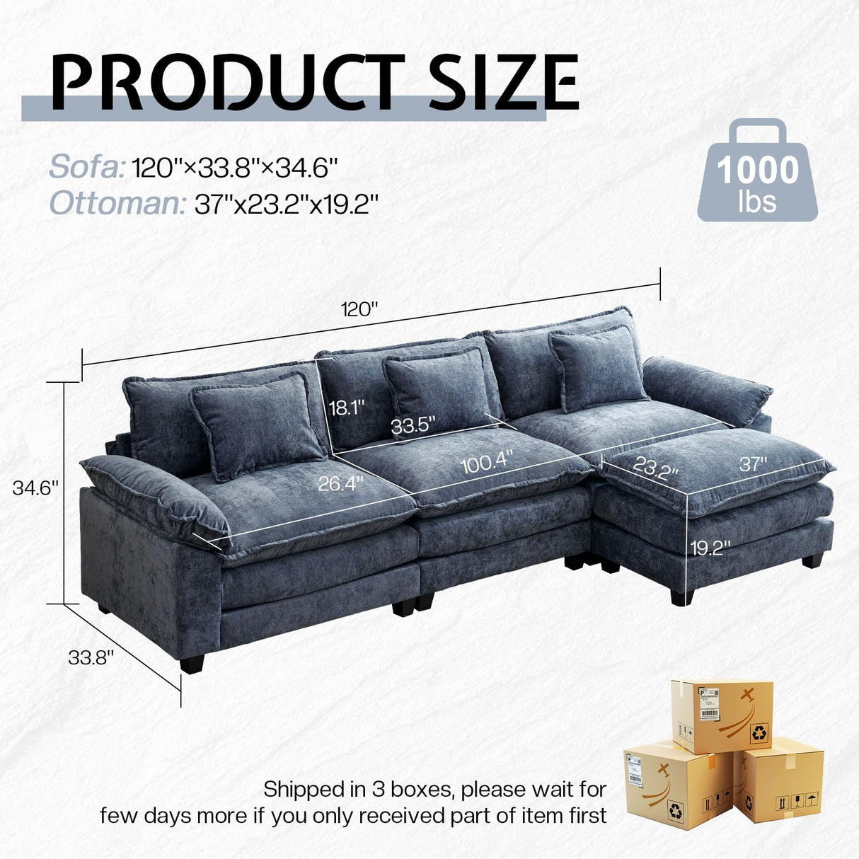 OQQOEE Sectional Sofa Modular Cloud Couch Upholstered Deep Seat Cloud Sofas with Ottoman Comfy Chenille Sofa Sleeper for Living Room,Apartment (Blue, L Shaped-3 Seat & Ottoman) OQQOEE