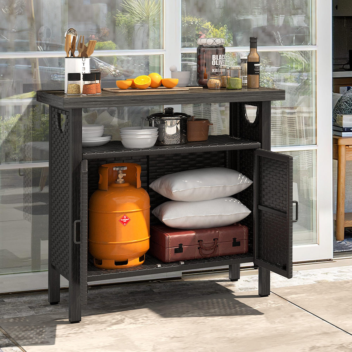 YITAHOME Outdoor Storage Cabinet, Patio Bar Table with Two Doors and Shelves, Weatherproof Wicker Storage Console Table for Outdoor Cushions, Pool Toys and Garden Potting - Black YITAHOME