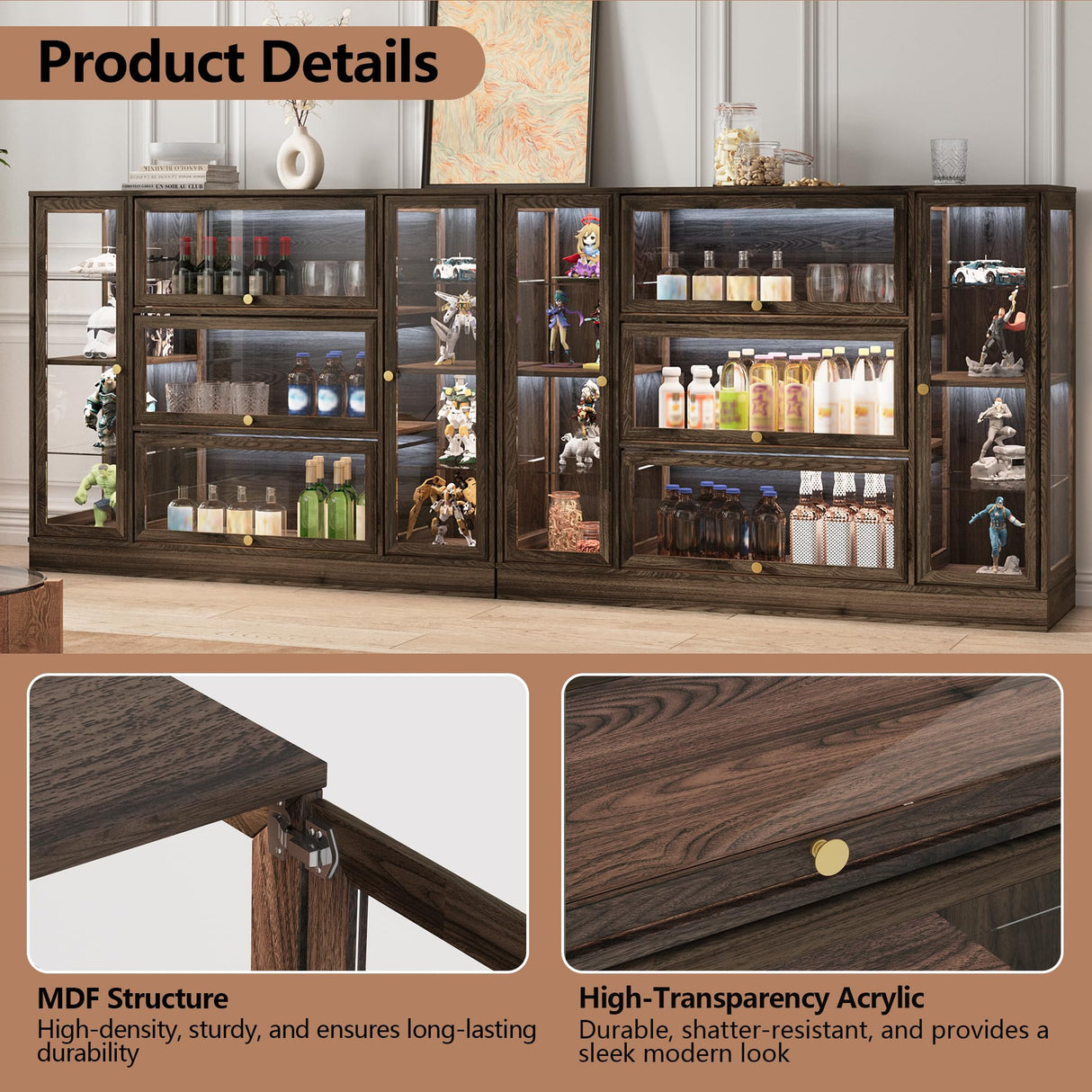 BONITURE Display Cabinet with Acrylic Glass Doors,Extra Wide Curio Cabinet with LED Lighting for Collectibles, Collectibles Toy Organizers Rack & Display Shelf Display Case, Walnut BONITURE