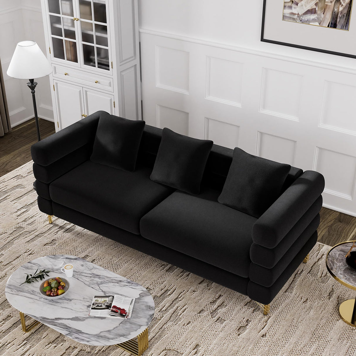 OUYESSIR Cloud Sofa Couch for Living Room, 79" Comfy Deep Seat Velvet Sofa with 3 Pillows and Gold Legs, Modern Upholstered 3 Seater Large Loveseat for Bedroom Office, Dark Black Velvet OUYESSIR