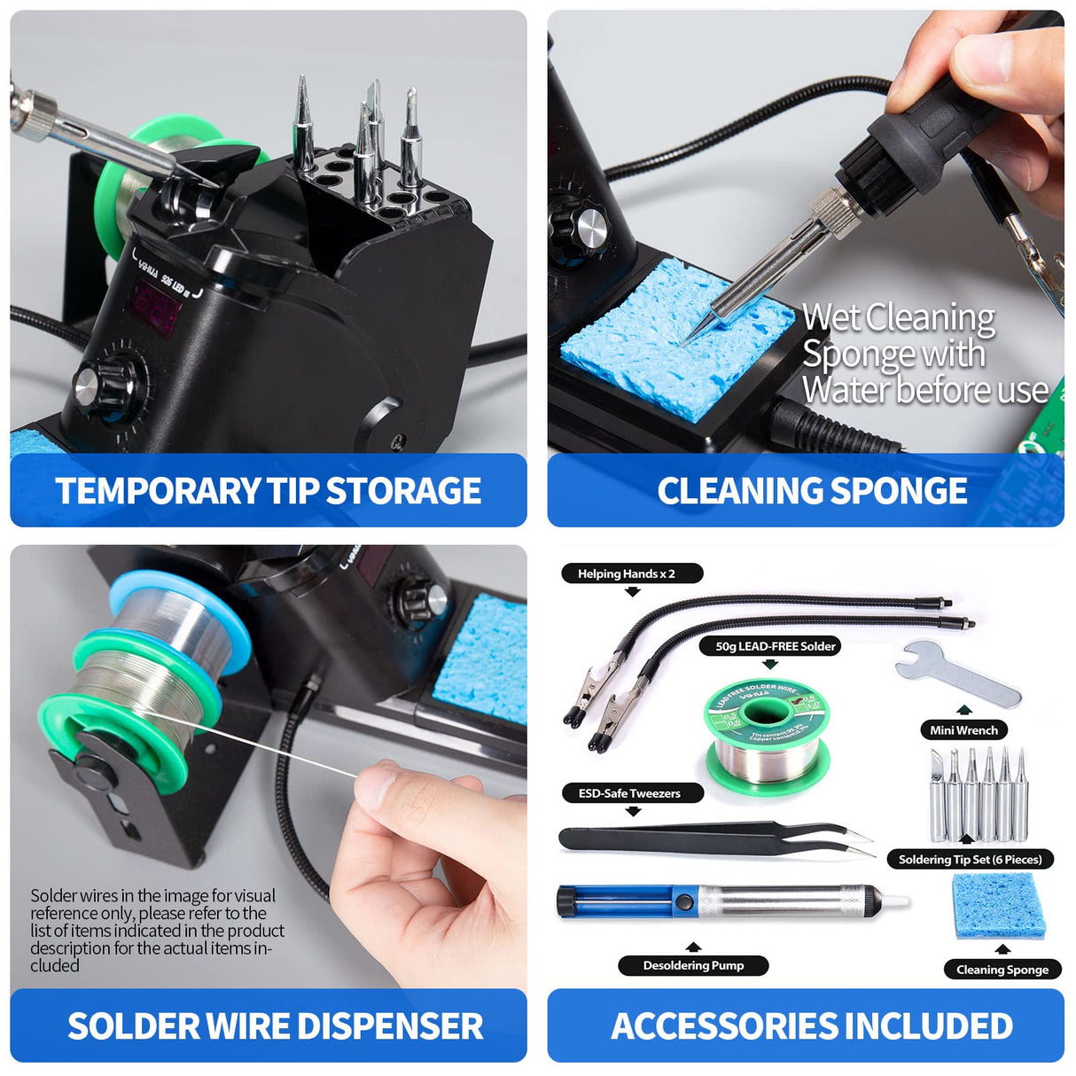 YIHUA 926 III 60W Digital Display Soldering Iron Station Kit w 2 Helping Hands, 6 Extra Iron Tips, Lead-Free Solder, Solder Sucker, S/S Tweezers, °C/ºF Conversion, Auto Sleep & Calibration Support YIHUA