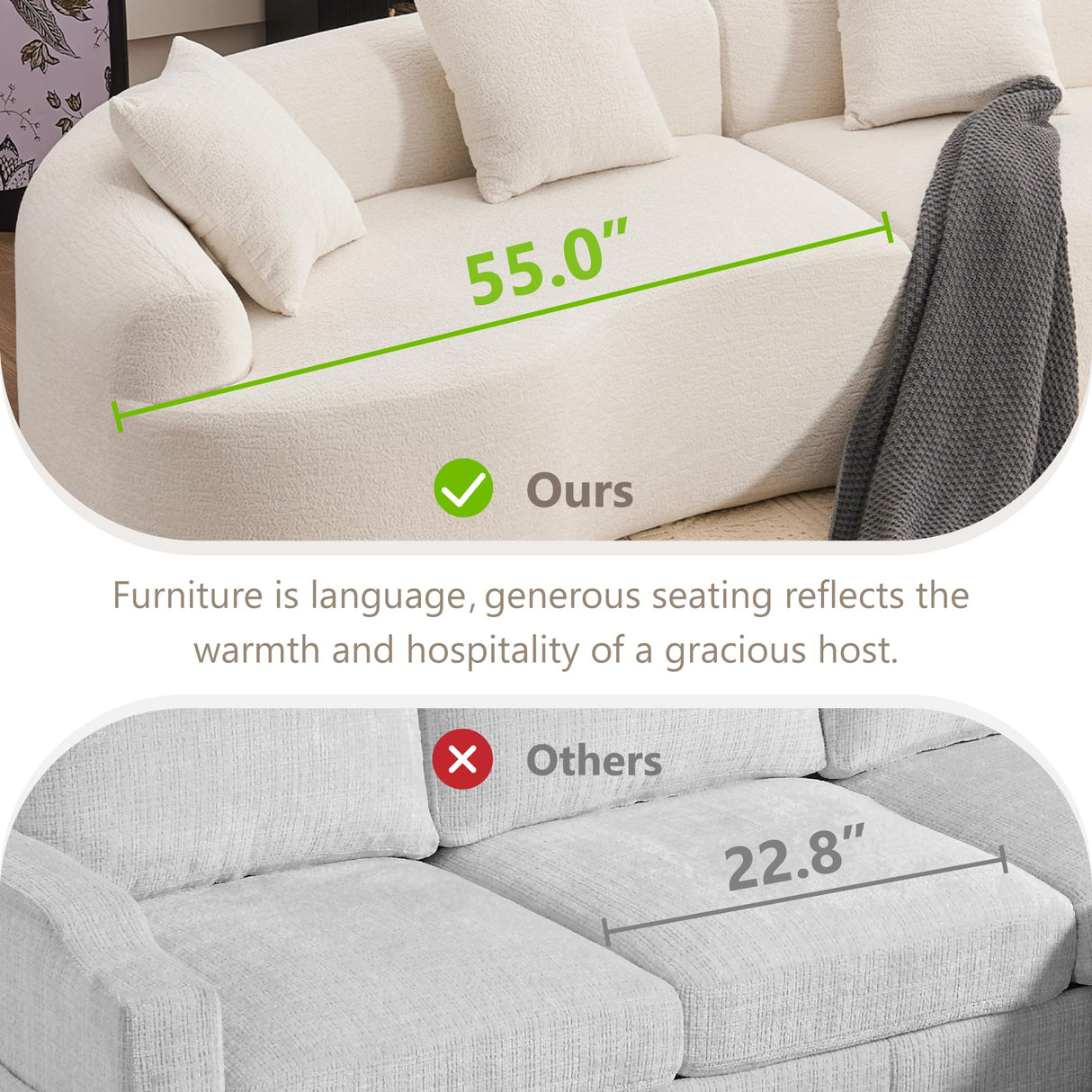 110'' Modern Curved Sofa Sectional, Arc 4-Seater Foam Couch Compressed in-a-Box, Boneless Cloud Couch with Extra-Deep-Wide Seats in Comfortable Chenille, No Assembly,Cream White Olodumare