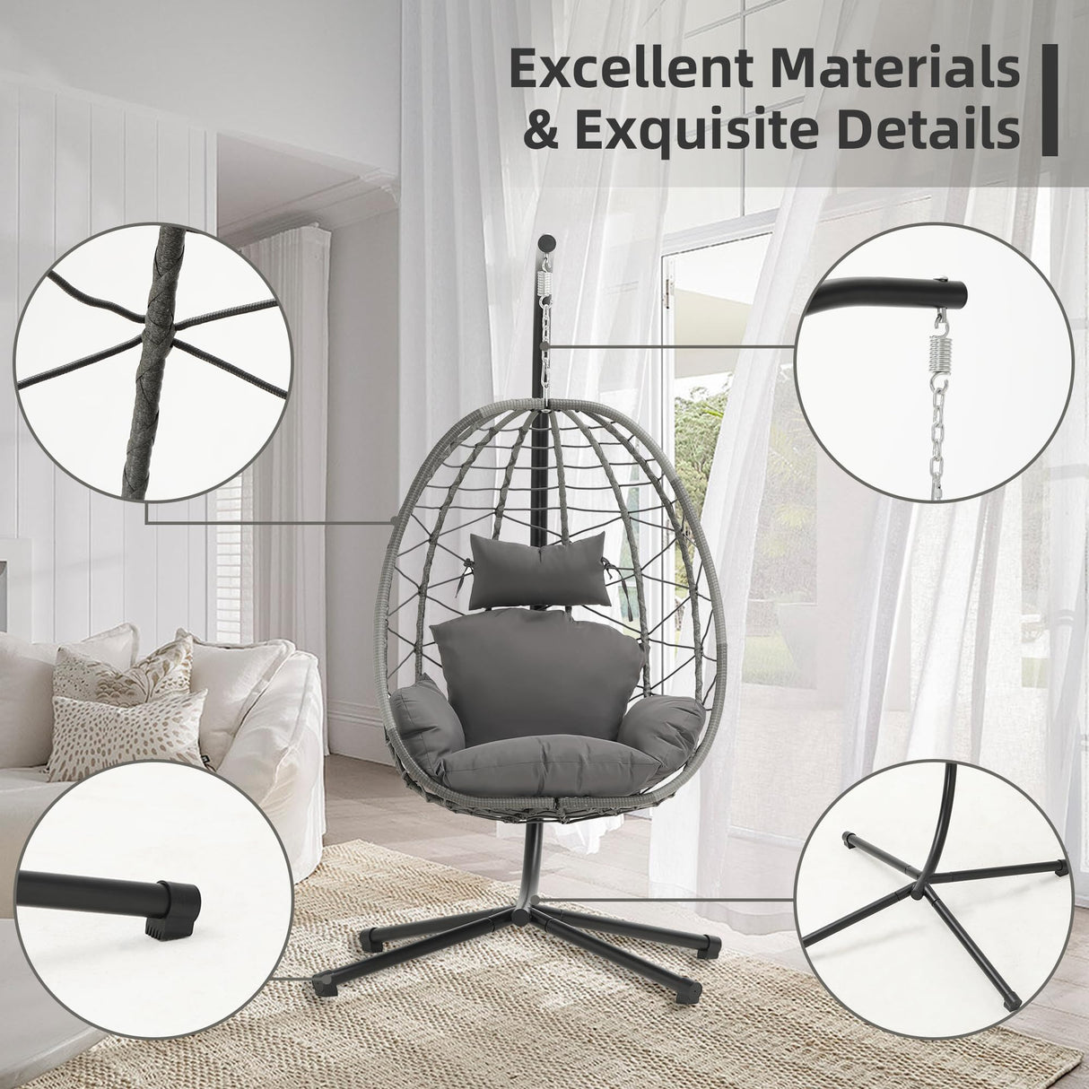 DoubleTT Egg Chair with Stand, Swing Chair Hanging Chair Nest Basket, UV Resistant Removable & Washable Cushions,350LBS Capacity for Bedroom, Balcony, Garden DoubleTT