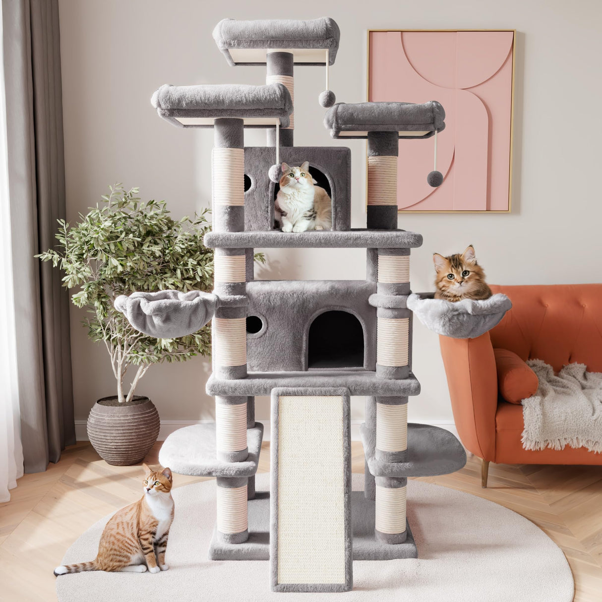 SHA CERLIN 68 Inches Multi-Level Large Cat Tree for Large Kitties/Big Cat Tower with Condo/Cozy Plush Pussycat Perches/Sisal Scratching Posts and Hammocks/Activity Center/Grey SHA CERLIN