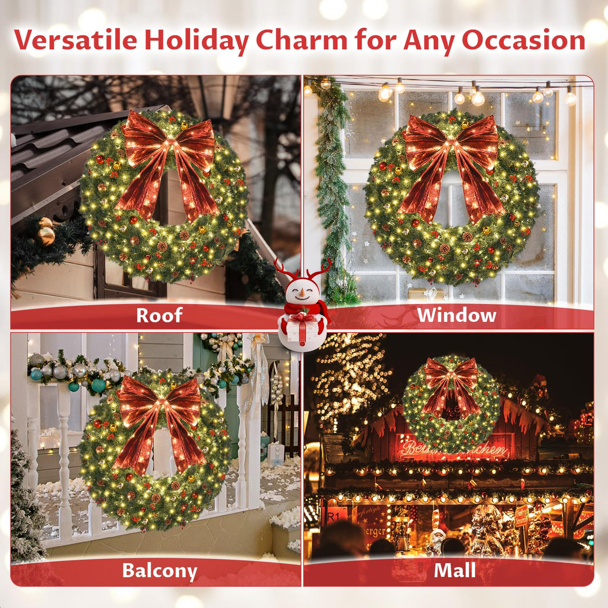 48inch Large Christmas Wreath - Outdoor Christmas Wreath with 300 Lights and Timer Remote Control, Red Bows, Jingle Bells, Pine Cones, Berry Clusters - 720 PVC Tips Artificial Pre Lit Xmas Wreaths Vuskly