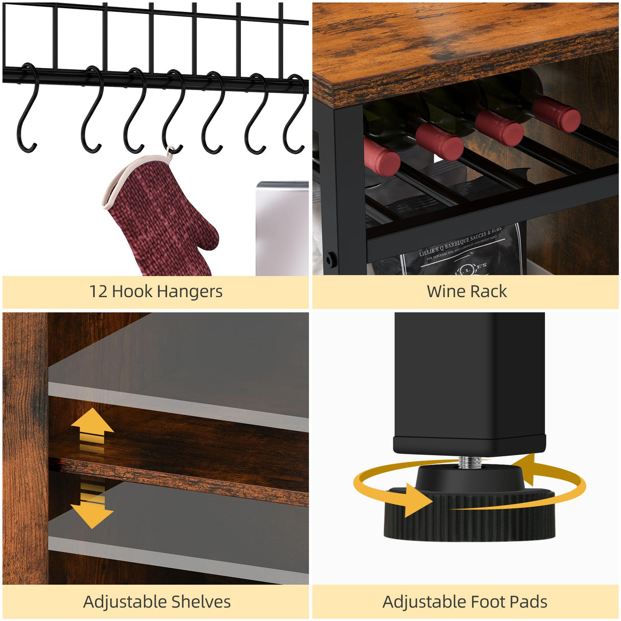 DWVO Bakers Rack Microwave Stand Cabinet with Large Storage Drawer and Power Outlet, 47 Inches Farmhouse Kitchen Tall Thickened Coffee Bar Table with Wine Shelf Rustic Brown DWVO