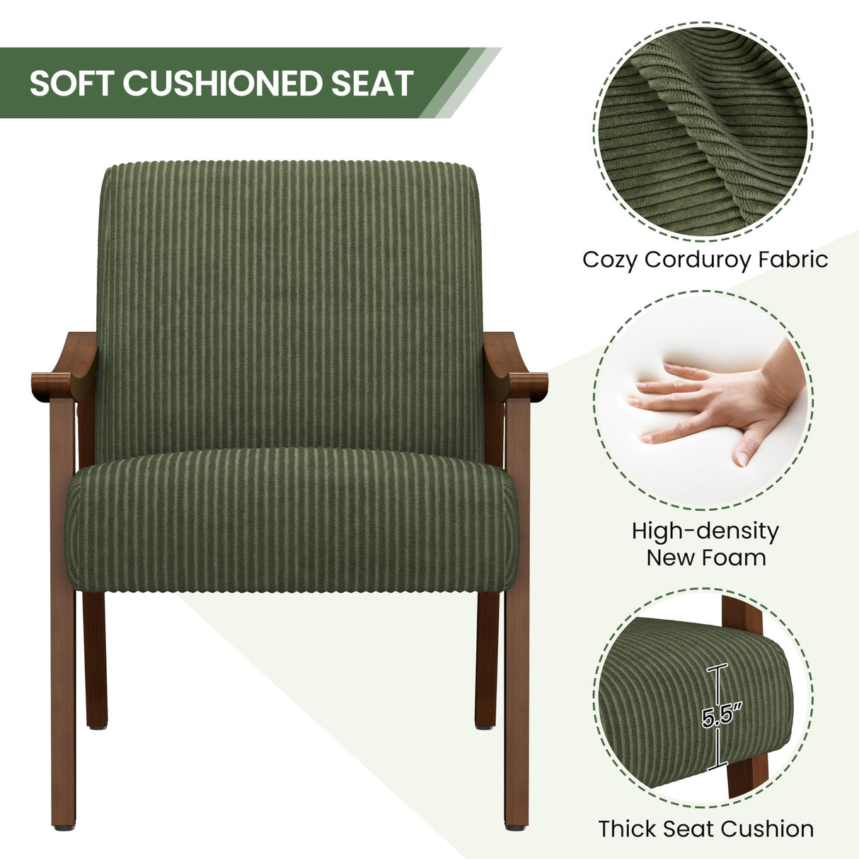 Yaheetech Corduroy Accent Chair, Mid-Century Modern Armchair with Solid Wood Legs, Reading Leisure Chair with High Back for Living Room Bedroom Waiting Room Dark Green Yaheetech