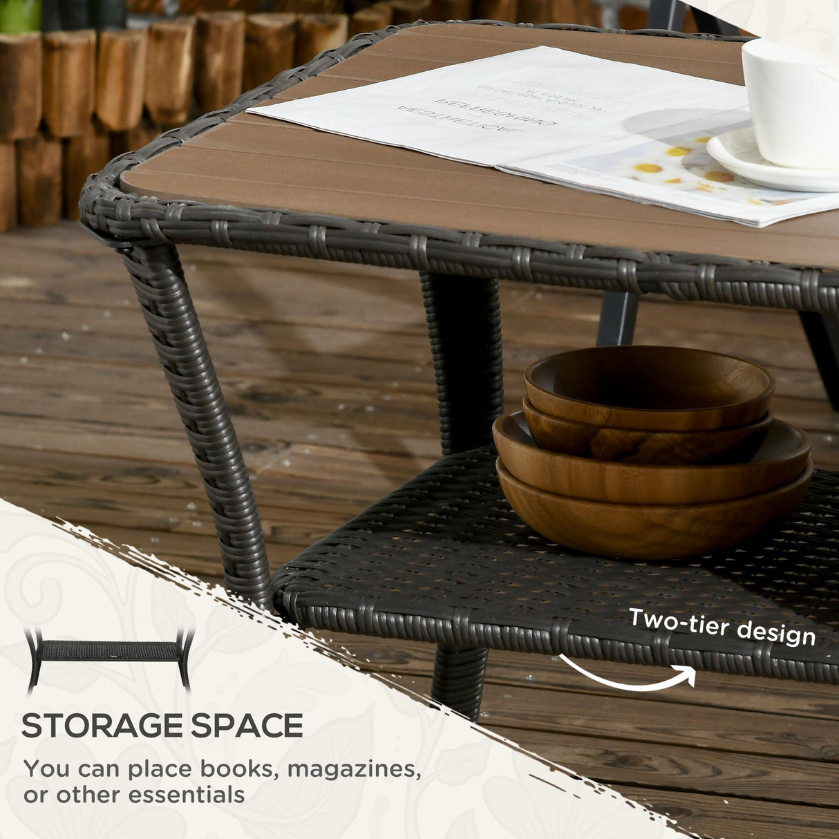 Outsunny PE Rattan Outdoor Coffee Table with Storage, 2-Layer Wicker Side Table, Patio Storage Table with Wood-Plastic Composite Top for Garden, Porch, Backyard, Mixed Brown Outsunny