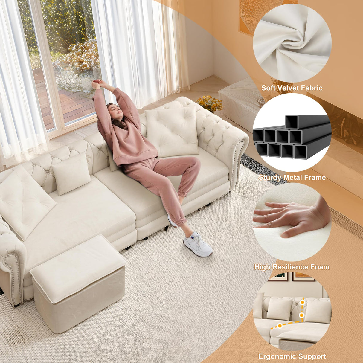 UQGVML Oversized Sleeper Sofa Couch, Convertible Sleeper Sofa Bed for Living Room, Bedroom, Classic 3-in-1 Pullout Couch Bed Chesterfield Style (Beige, with Ottoman) UQGVML