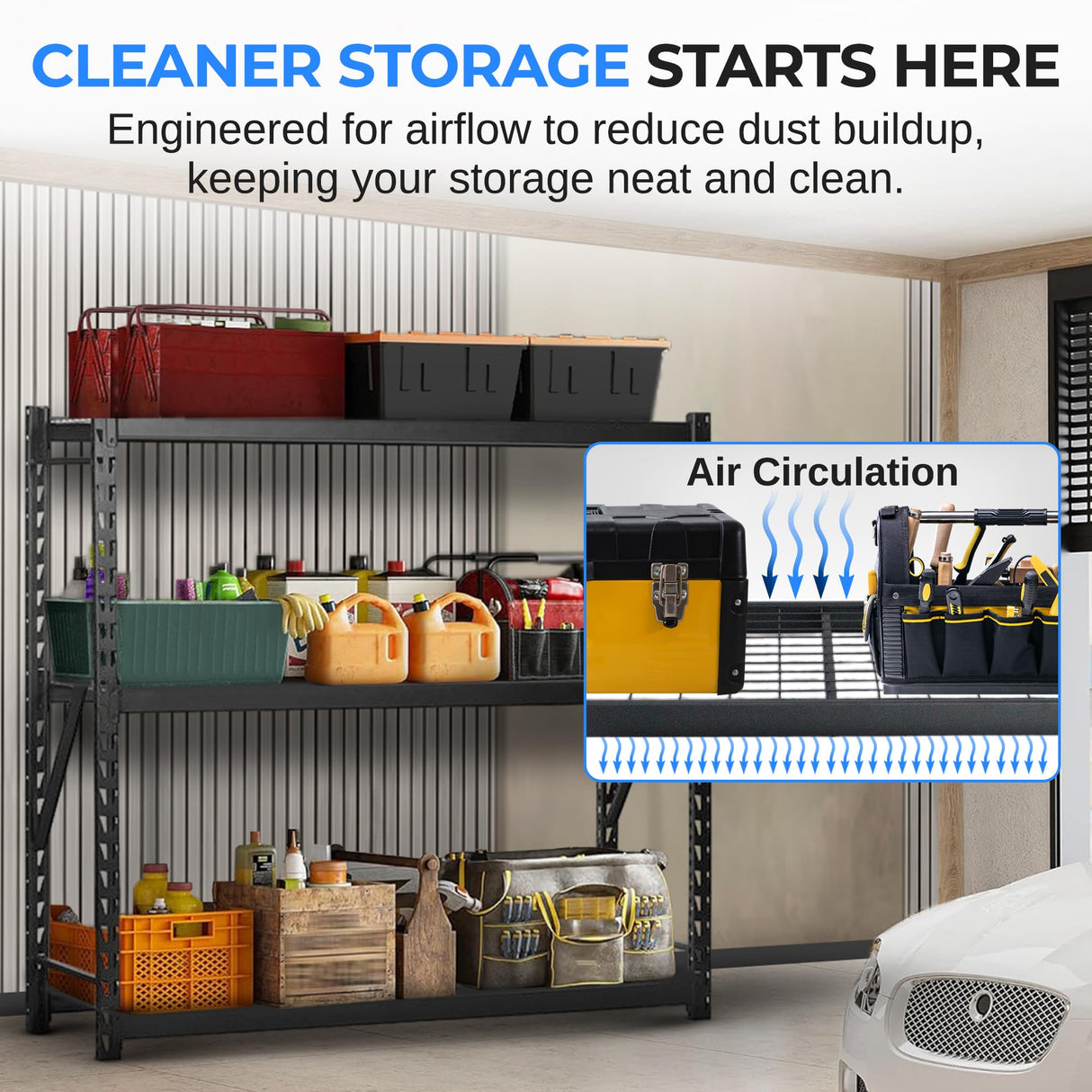 SereneLife Heavy Duty 3-Tier Metal Garage Shelving | 24" x 77" x 72" Extra Wide Adjustable Storage Utility | Freestanding Bulk Storage Rack | Open Wire Mesh Design | 2000 lbs. Capacity SereneLife