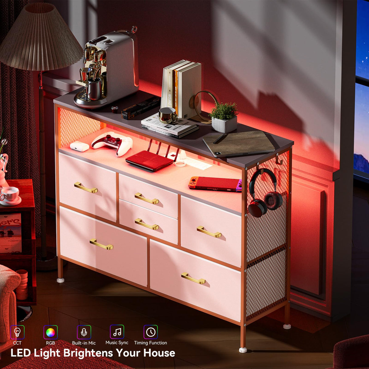 YILQQPER Dresser for Bedroom TV Stand with Power Outlets and LED Light, 6 Drawers Dresser with Side Pockets & Hooks, Wide Dresser with Shelves for 45" TV, Fabric Chest of Drawers with PU Finish, Pink YILQQPER