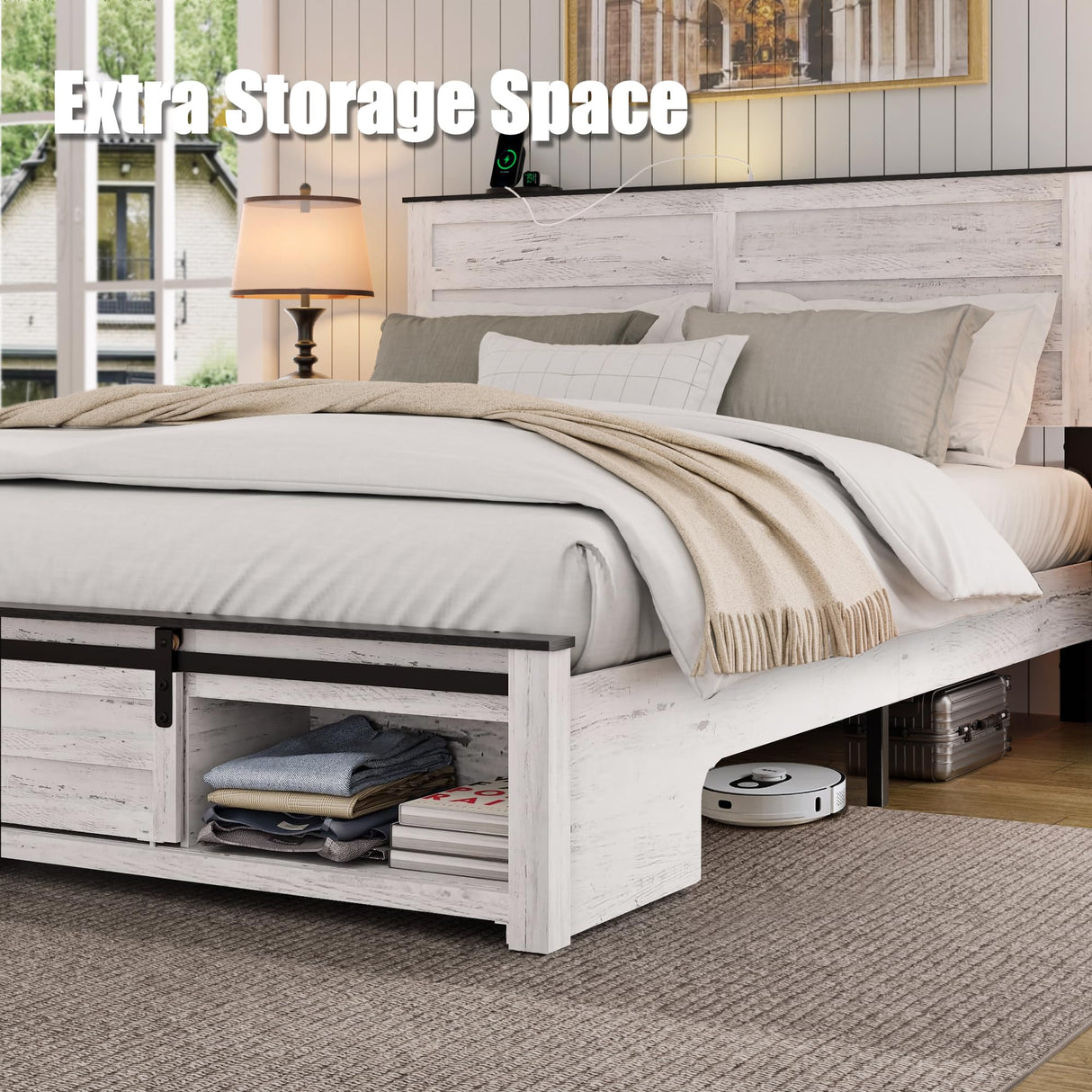 WQQUT Full Size Farmhouse Bed Frame with Sliding Barn Door Storage Cabinets, Charging Station & LED Lights, Wood Platform Bed Frame with Solid Wood Slats, Noiseless, No Box Spring Needed WQQUT