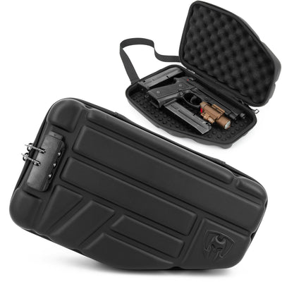 CASEMATIX Locking Pistol Case Fits Small to Large 9mm Pistols with Room For Extra Clips and Attachments- Portable EVA Gun Rug Handgun Case with Snap In Zippers, Water Resistant, Shoulder Strap