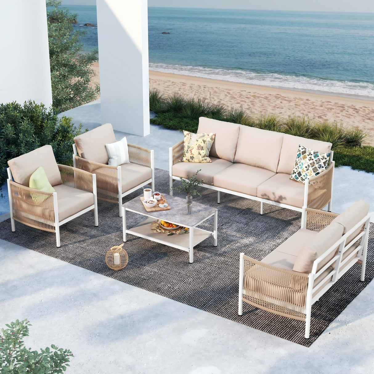 Oasbira Aluminum Outdoor Patio Furniture Set, HDPE Rope 5 Piece Modern Sectional Conversation Sets with Dual-Layer Coffee Table, All Weather Patio Couch Sofa with Thick Cushions, White Frame, Ivory Oasbira