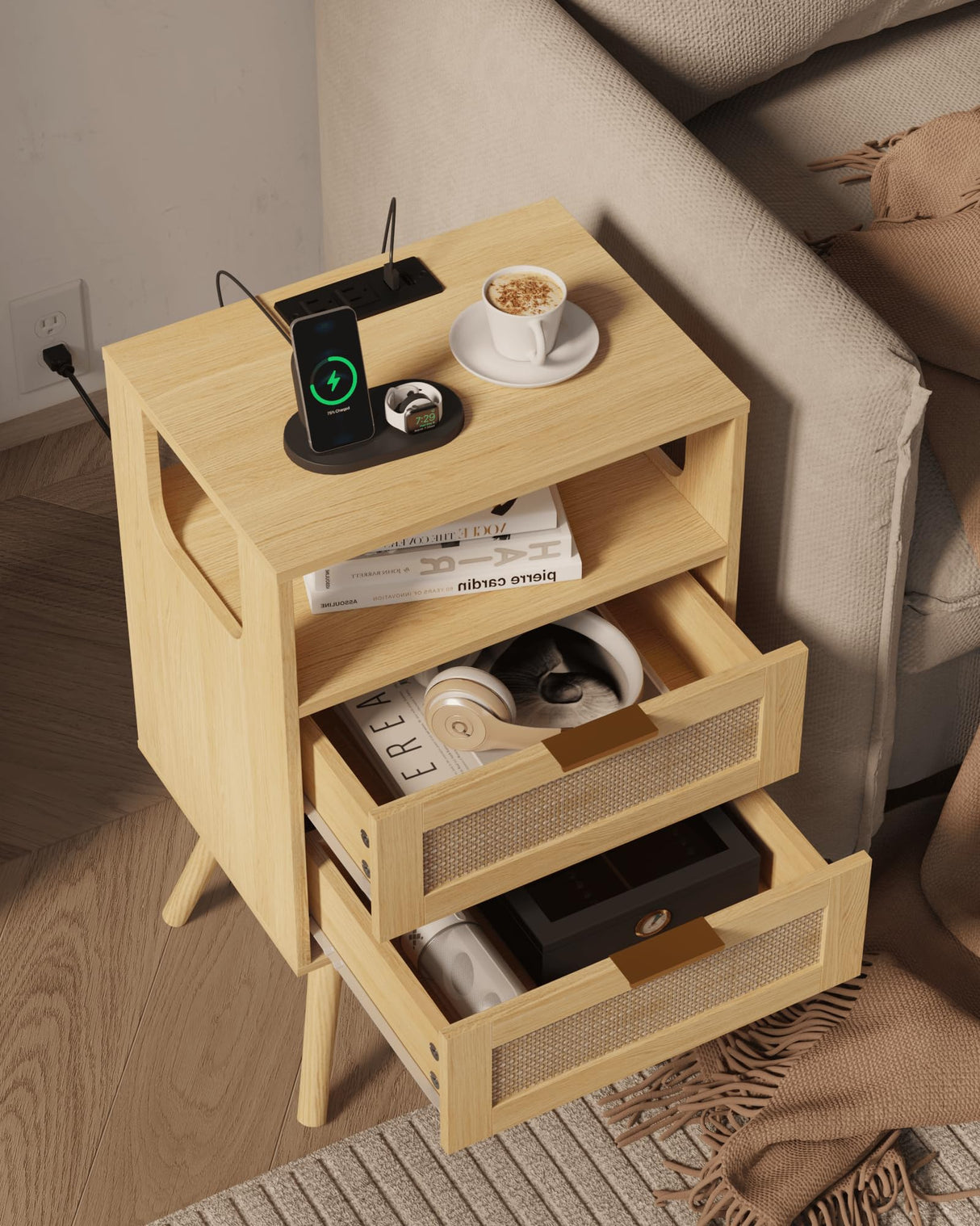 Veegle Rattan Nightstand with Charging Station,Modern Bedside Table with 2 Storage Drawer and Open Wood Shelf, for Bedroom and Small Spaces,Night Stand with Solid Wood Legs (Yellow Oak) Veegle