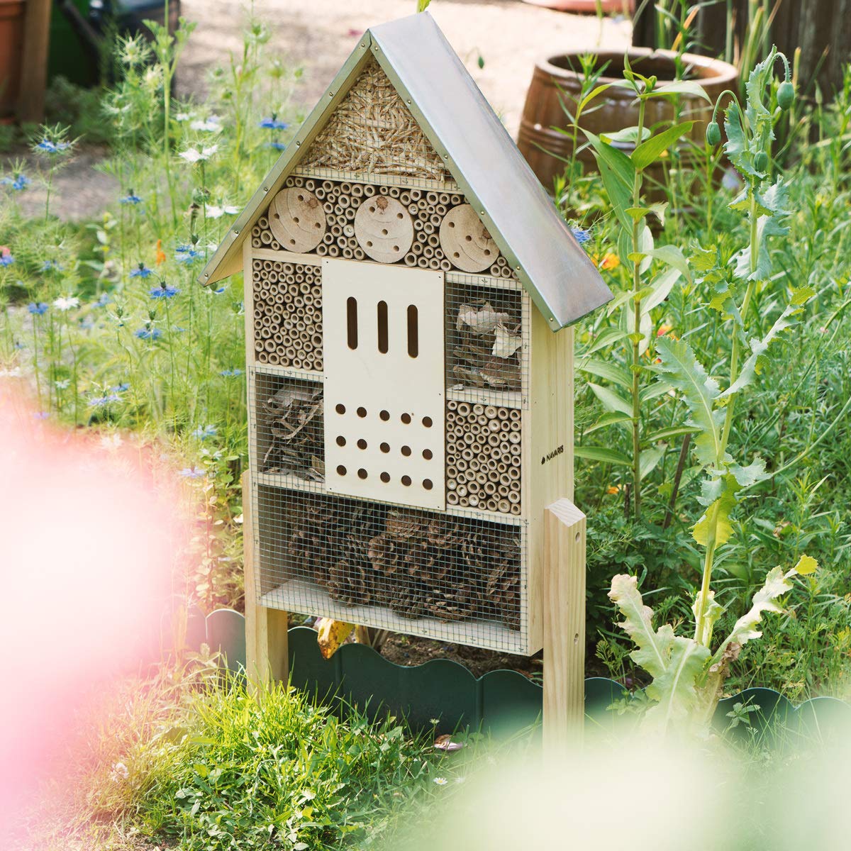 Navaris Insect House with Stakes - Extra Large Wooden Bug Hotel 22.4" H x 15" W - Bee, Butterfly, Ladybug Natural Nesting Habitat for Garden and Yard Navaris