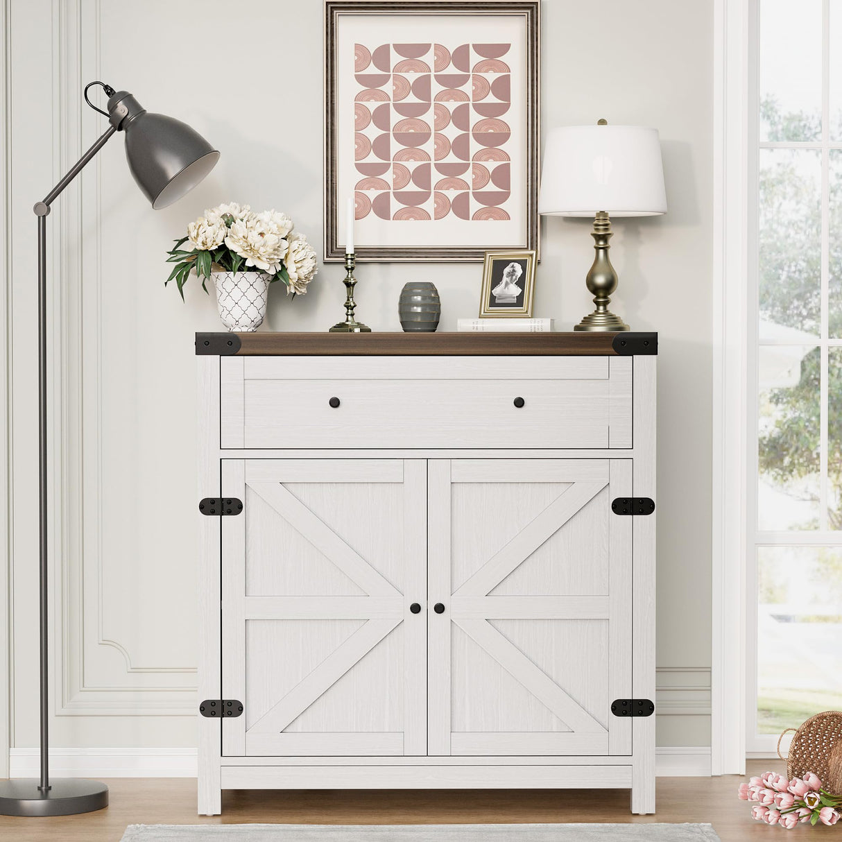 Flamaker Sideboard Buffet Cabinet with Storage, Farmhouse Coffee Bar Cabinet with 1 Drawer and 2 Barn Doors, Barn Door Console Table, Storage Cabinet for Kitchen, Dining Room, Entryway (White) Flamaker