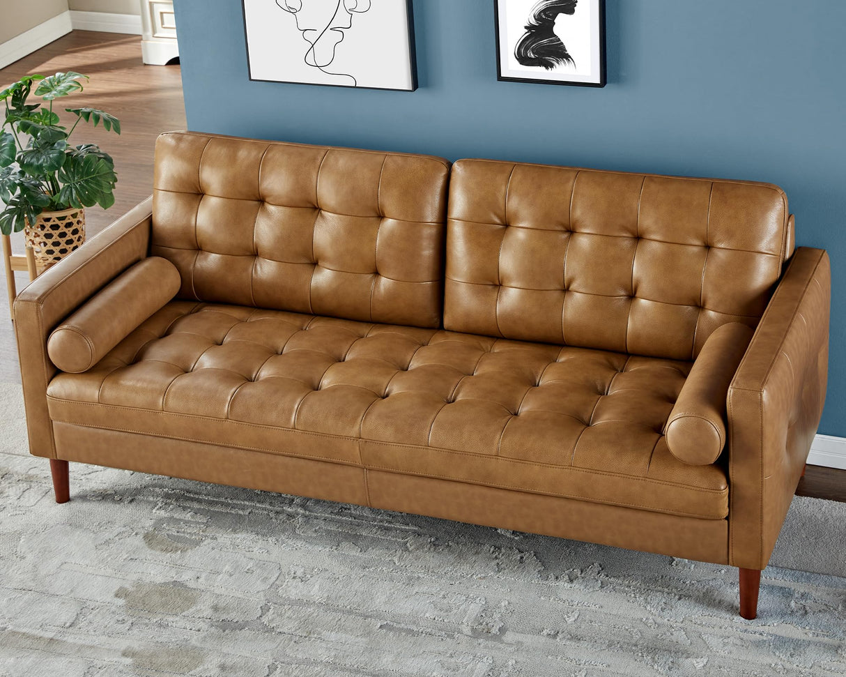 AMERLIFE Leather Sofa, Mid-Century Modern Genuine Leather Sofa, 3 Seater Comfy Couch for Living Room Home Office -Brown Leather Sofa Couch AMERLIFE