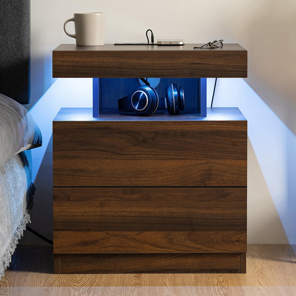 HOMMPA Set of 2 LED Nightstand with Wireless Charging Station Dark Walnut Mid Century Wood Bedside Table with Led Light Smart Nightstand USB Port Night Table with 2 Drawers LED Night Stand for Bedroom HOMMPA
