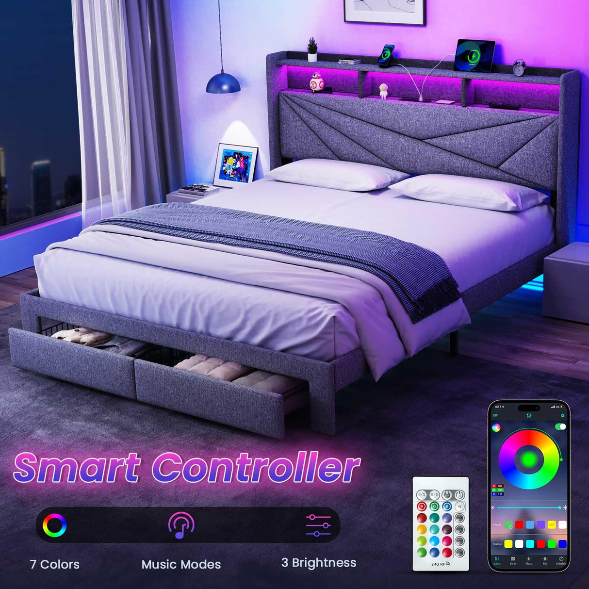 Driftalia LED Full Size Bed Frame with 2 Storage Drawers, Upholstered Full Bed Frame with Headboard and Charging Station, No Box Spring Needed, Easy to Assembly-Light Grey Driftalia